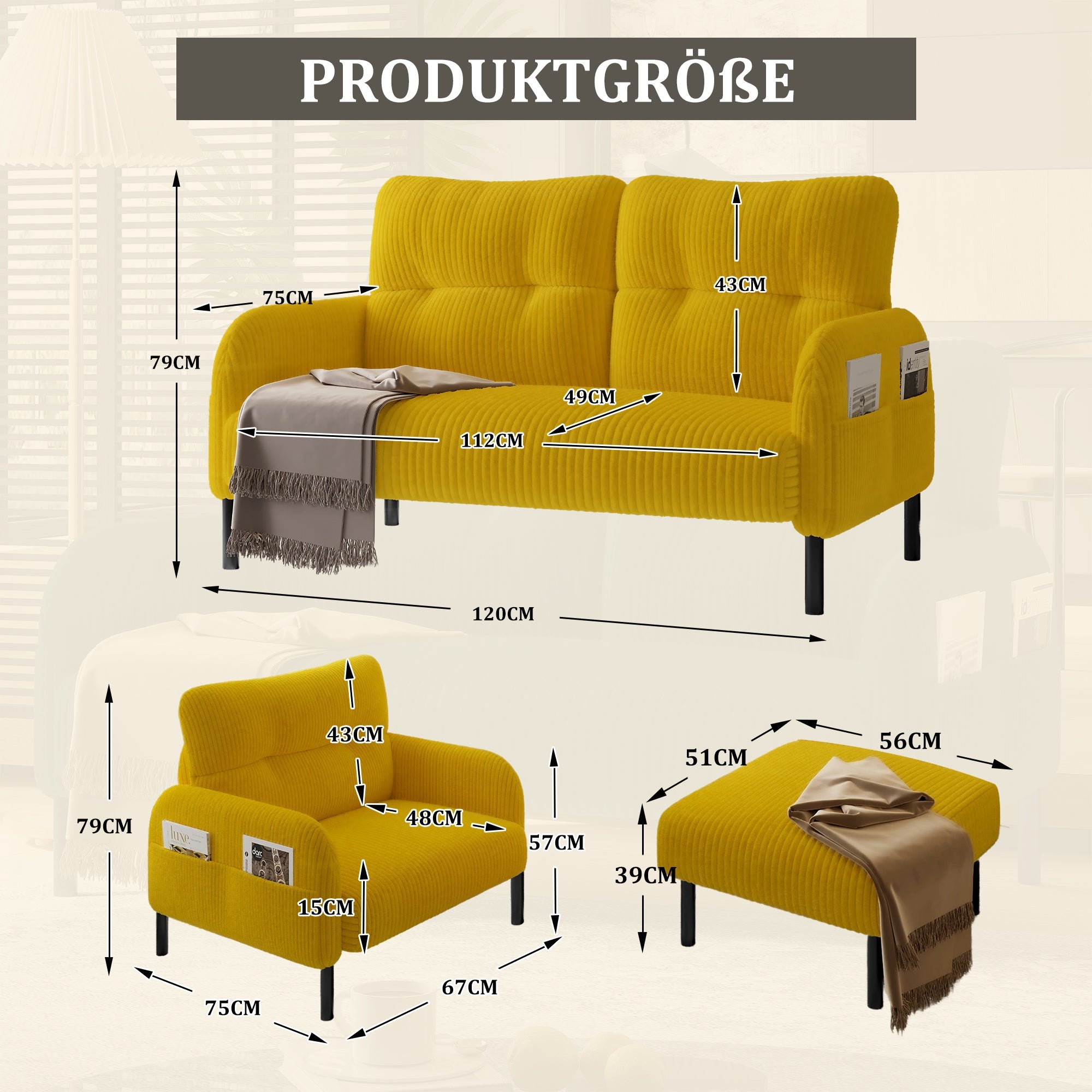 Cord Modular 3-Piece Sofa Set, Armchair Footstool 2-Seater, Deep Seat Tubular Steel Frame, Mustard Yellow
