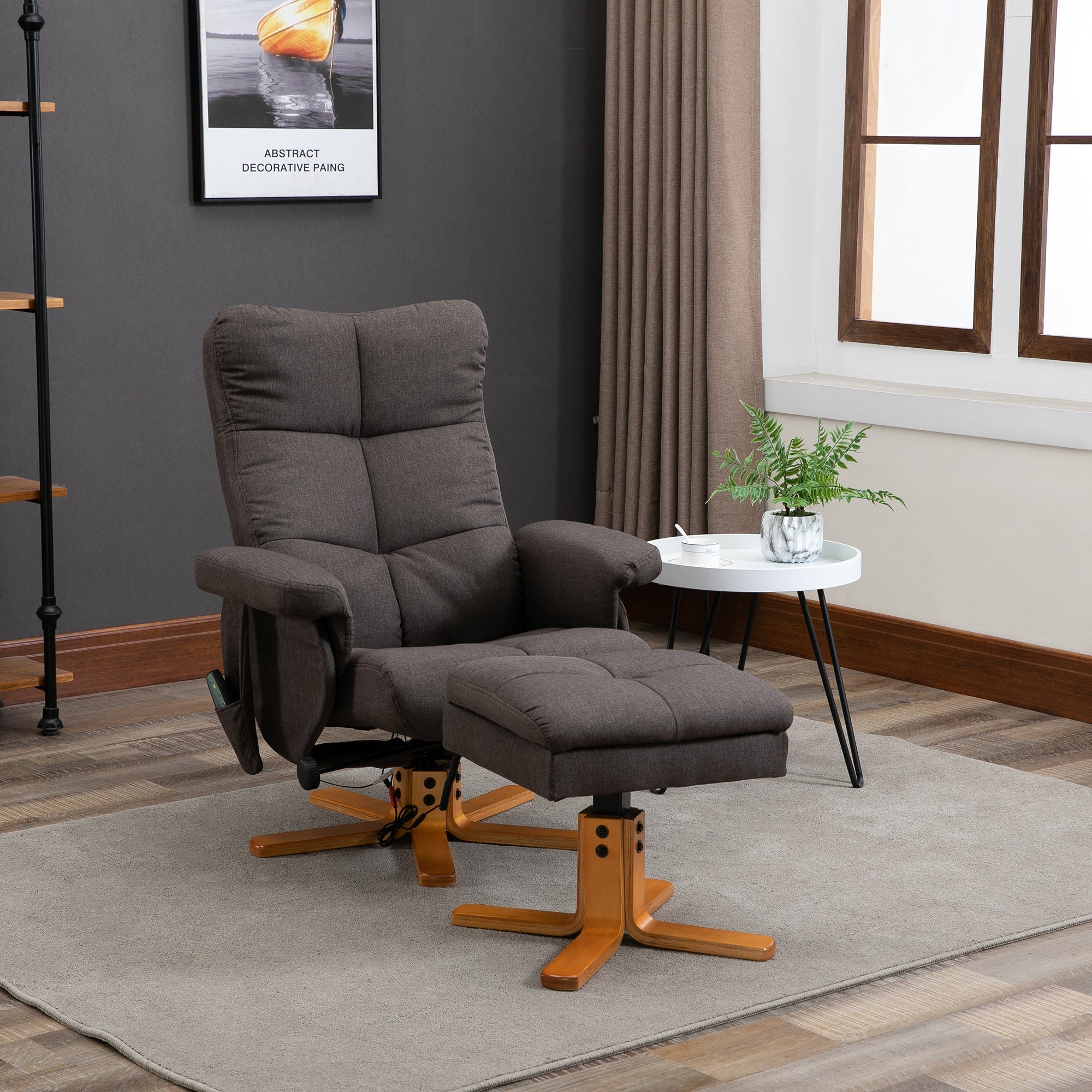 Reclining Massage Chair Footstool Storage 145° Recline, Brown Polyester