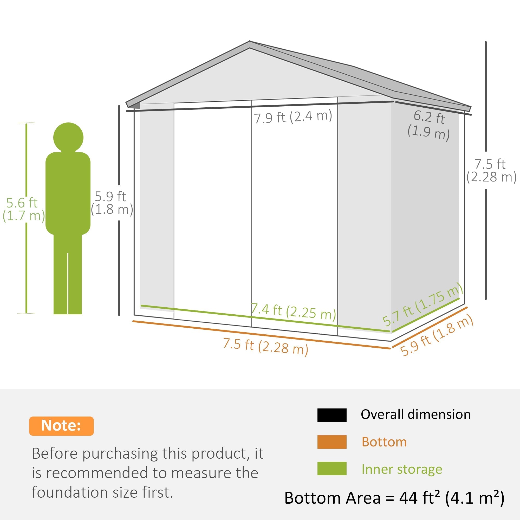 Aluminium Frame and Plastic Wall Shed, 7.9ft x 6.2ft with Foundation - Light Grey