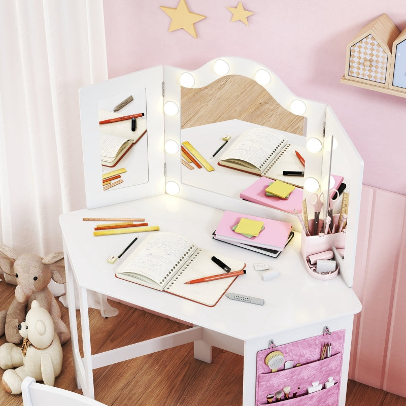 Kids Dressing Table and Stool Set with 2-Colour LED Lights Tri-Folding Mirror, White