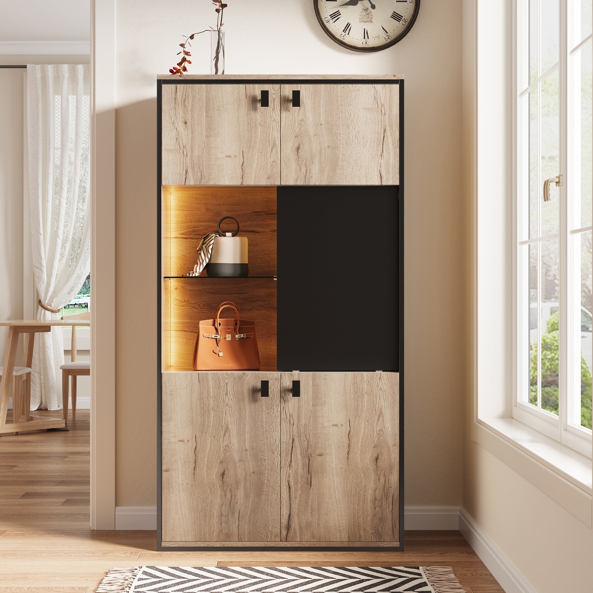 Modern Wardrobe Combination with LED Lighting and Sliding Doors, Wood Look and Black