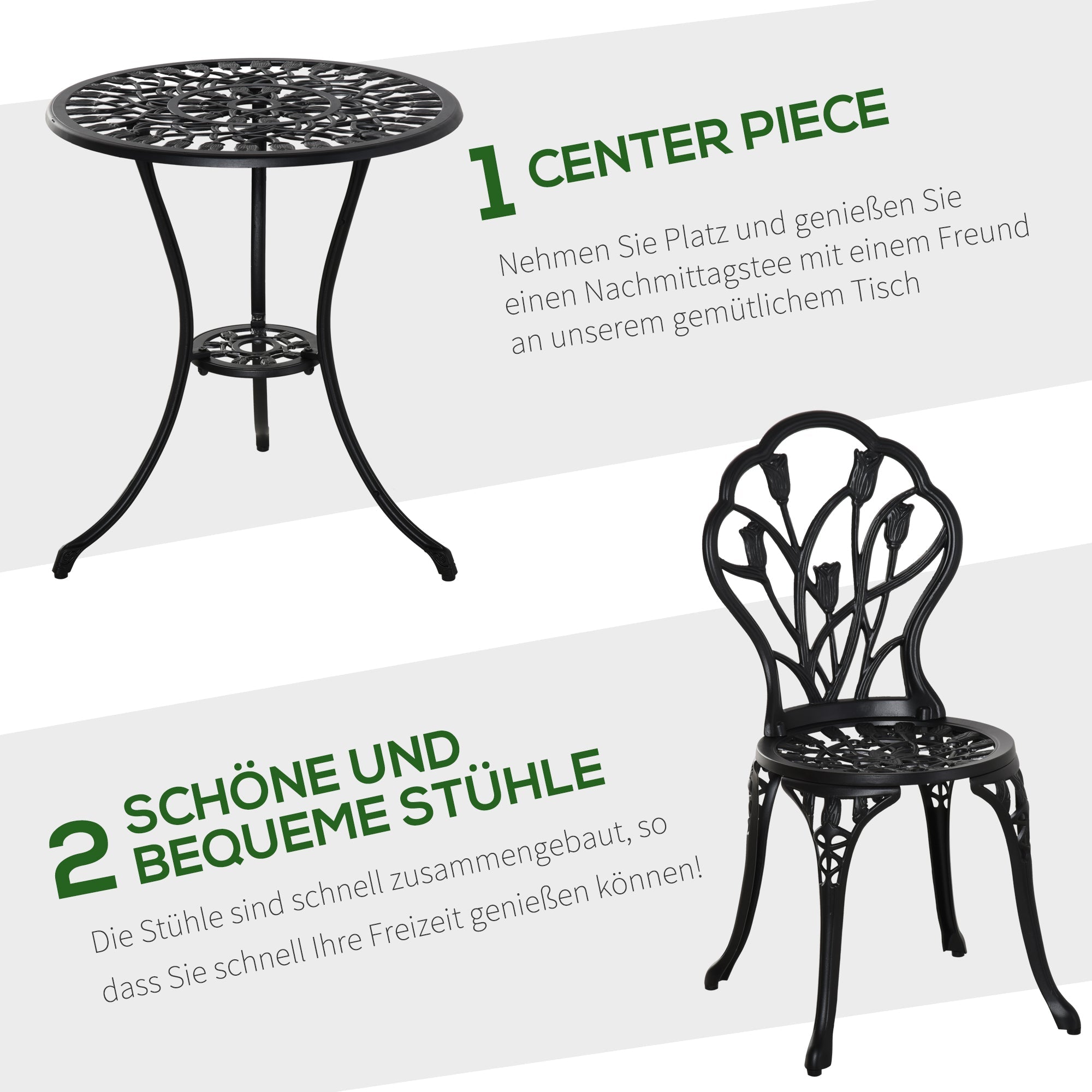 Seating Group Dining Set Table & 2 Chairs - 2 Person Garden/Balcony - Black Aluminum