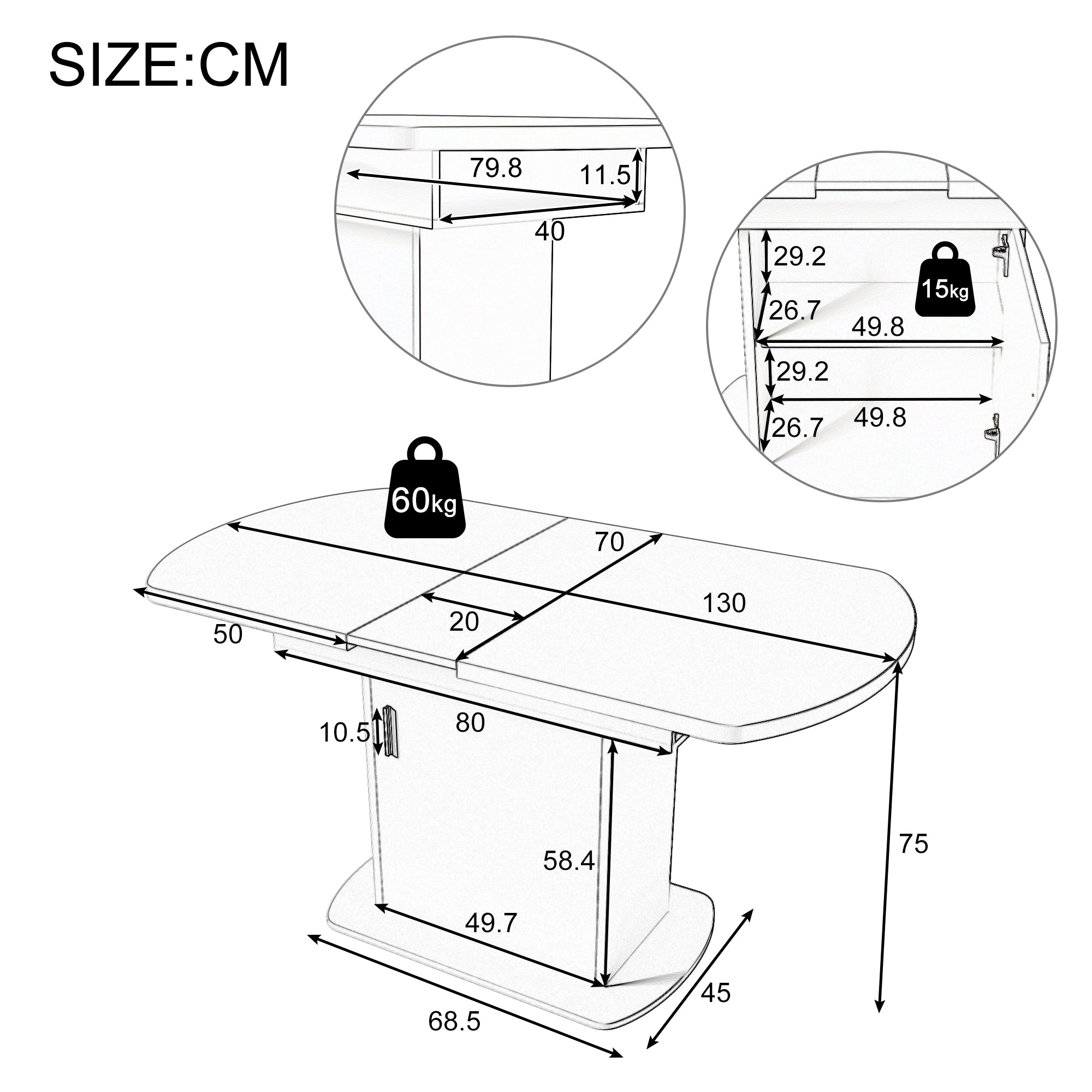 Extendable Oval Dining Table Modern Minimalist Storage Space-saving White