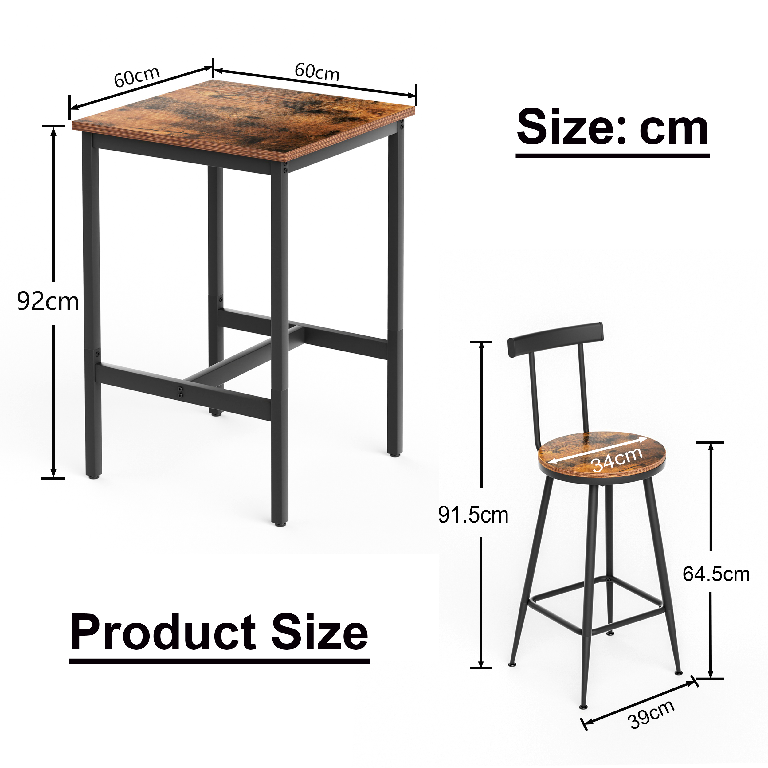 Industrial Bar Table and Stool Set with 2 Chairs and Metal Frame, Rustic Brown