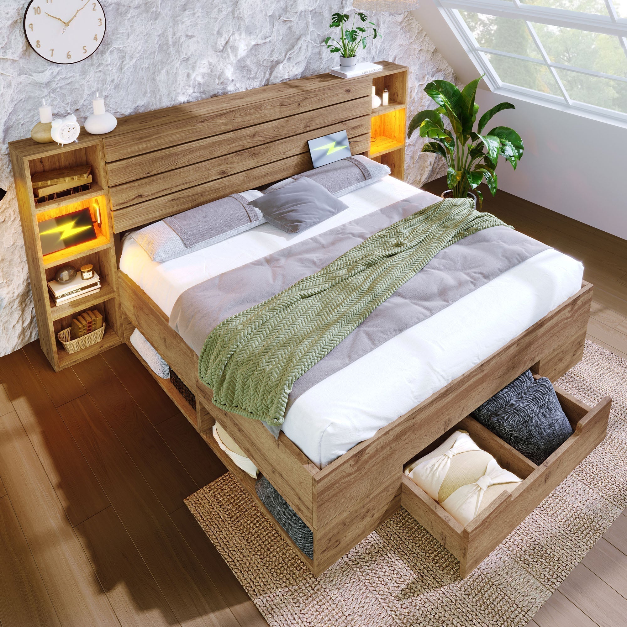 Double Bed 160x200 Storage LED/USB Headboard Drawers Solid Wood Oak