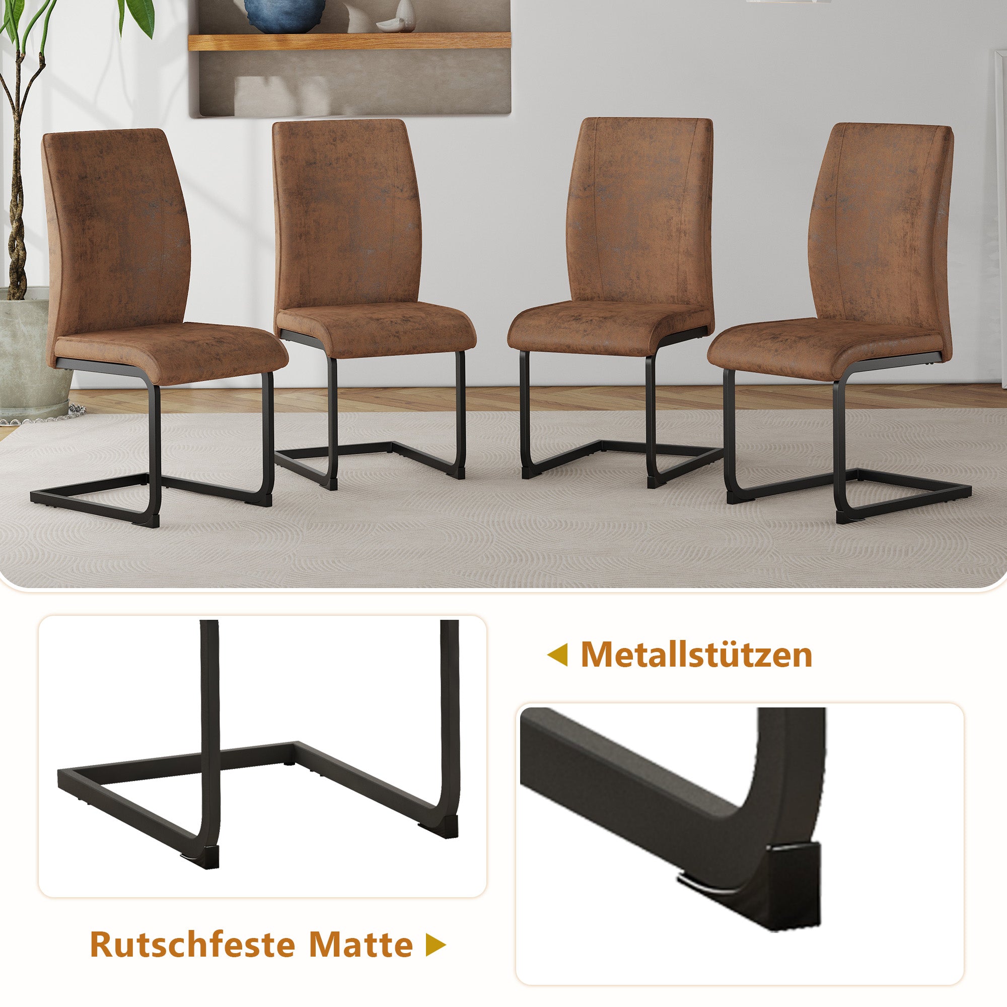 Dining Set Rectangular Table Storage Shelf 4 Armchairs 160x90cm - Brown Tech Fabric