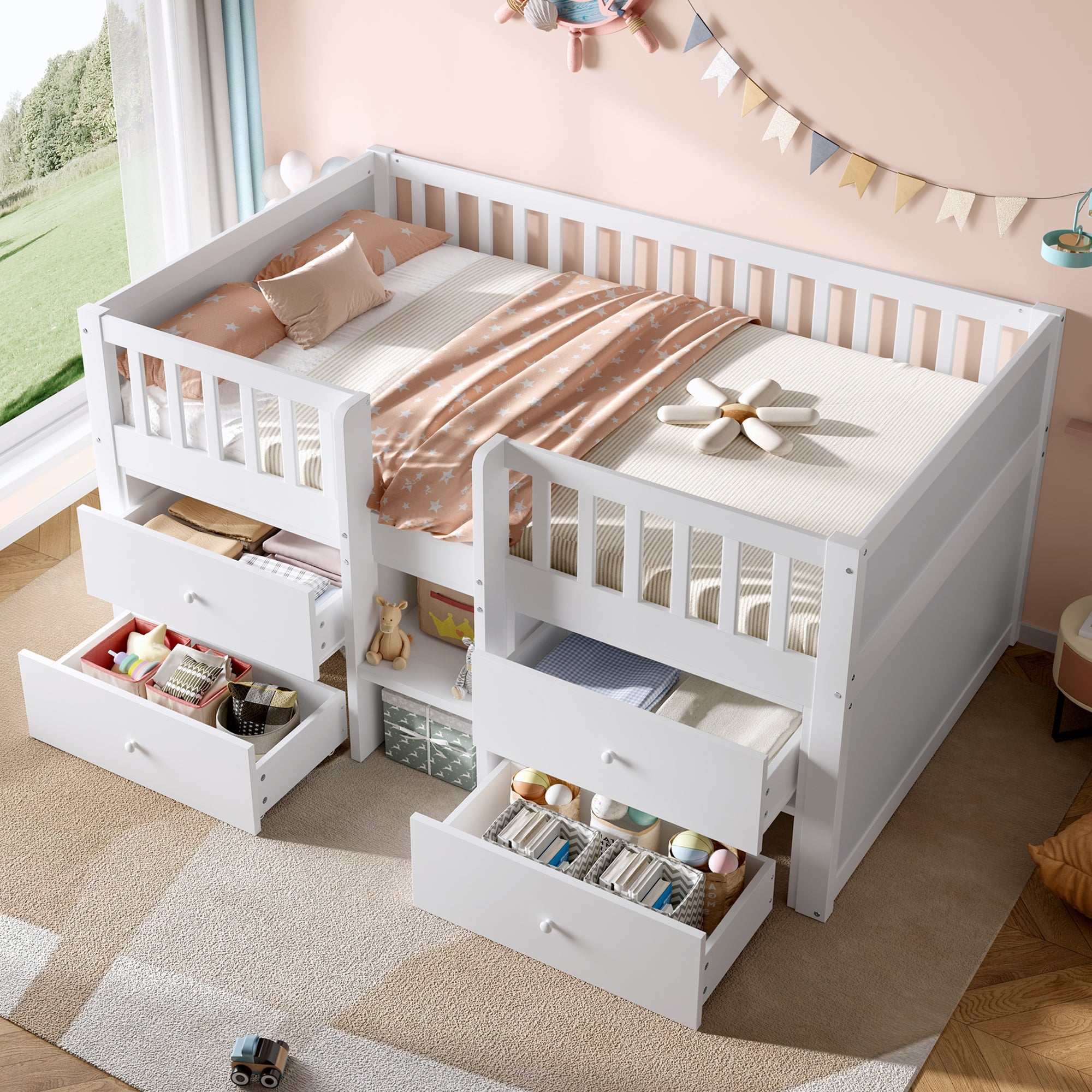 Low Loft Bed with Storage, 3ft Single Bed with Guardrail, Solid Wood, White