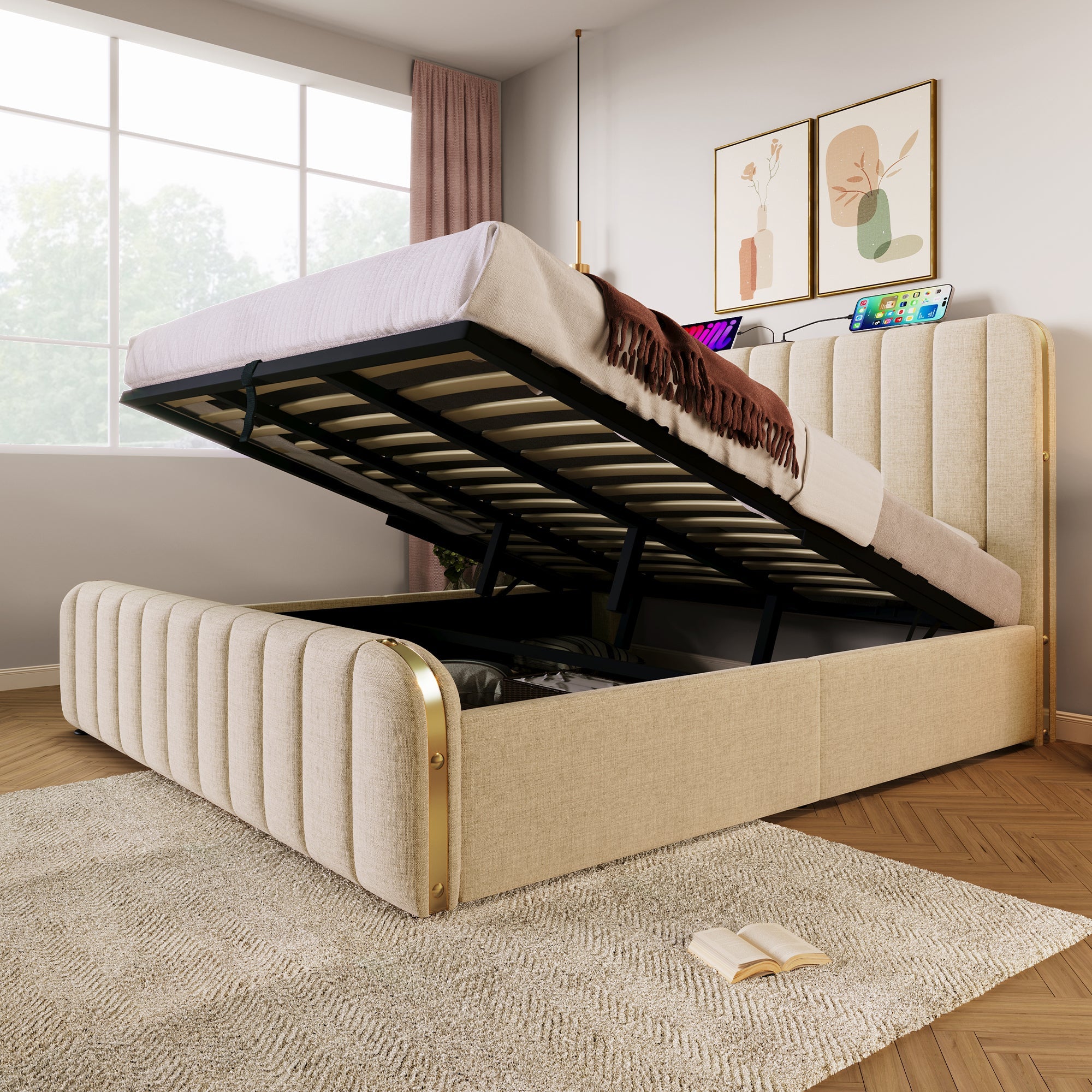 Upholstered Bed with Hydraulic Storage and USB Type-C Charging, 180x200cm, Beige Linen