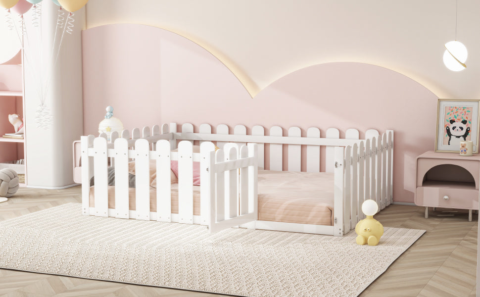 Children's Bed 140x200cm, Wooden Frame with Door & Surround, White
