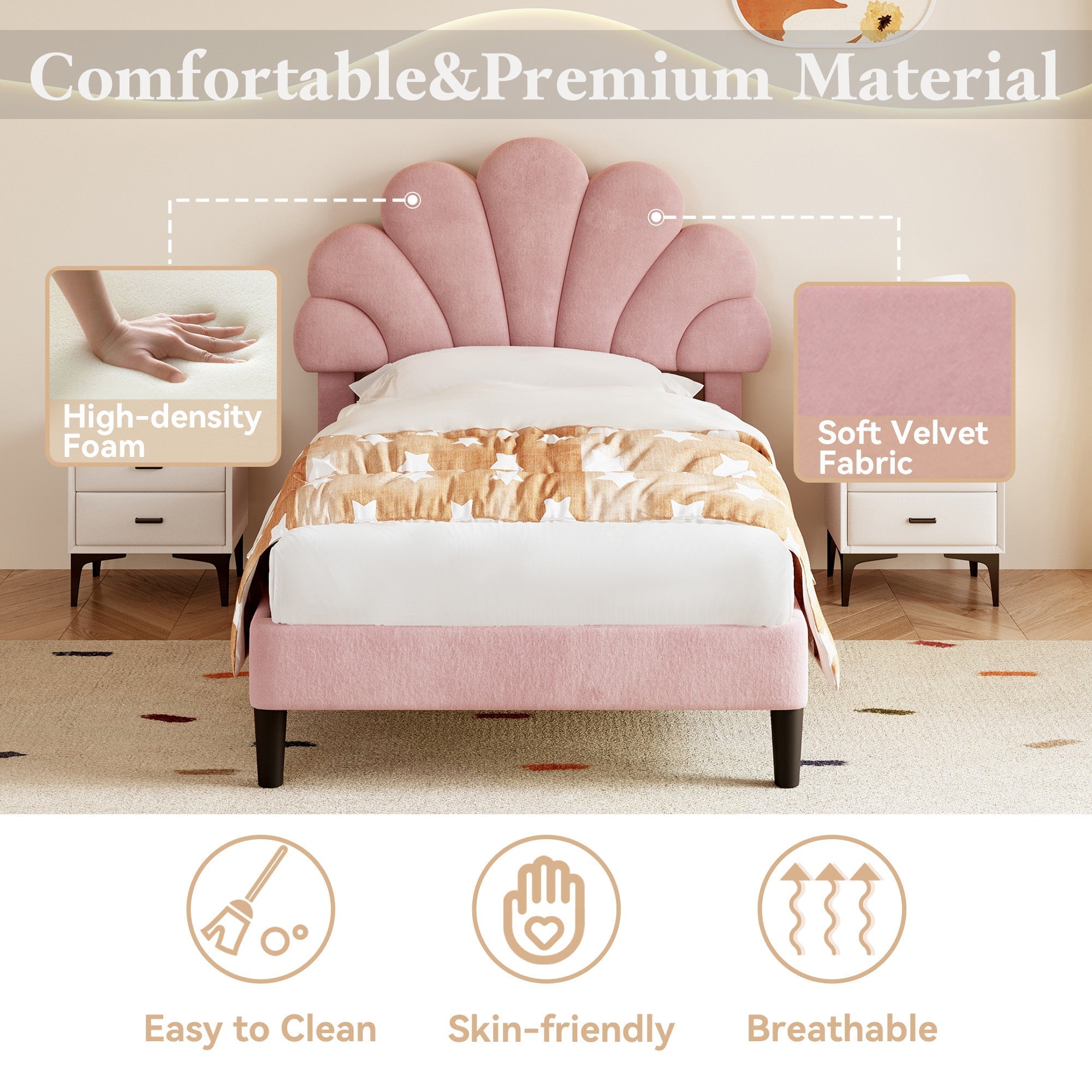 3ft Single Upholstered Velvet Bed Frame, Adjustable Chic Petal Headboard, Pink