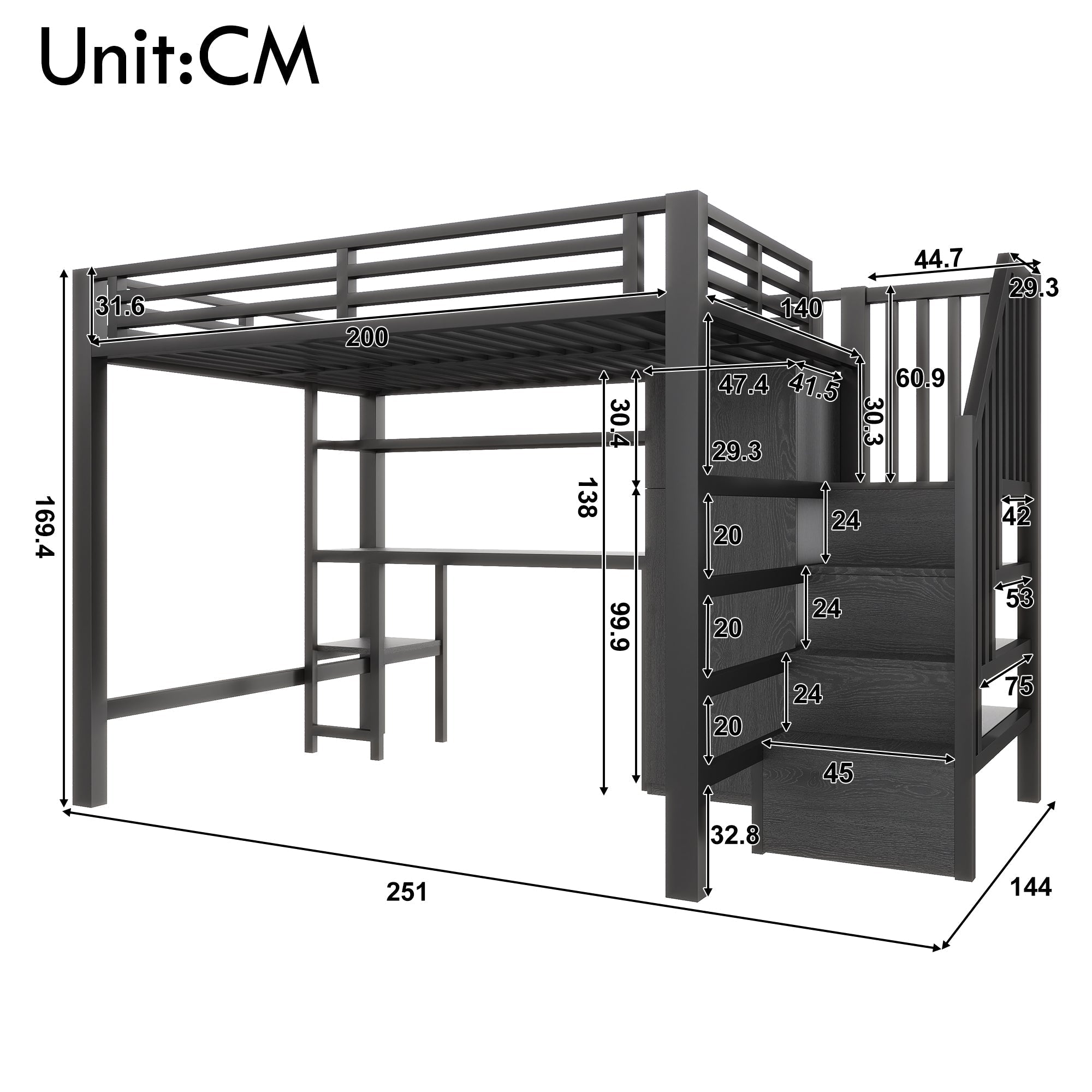 Metal Loft Bed with Desk, Shelf, Wardrobe and Storage Stairs, 140x200cm, Black Metal