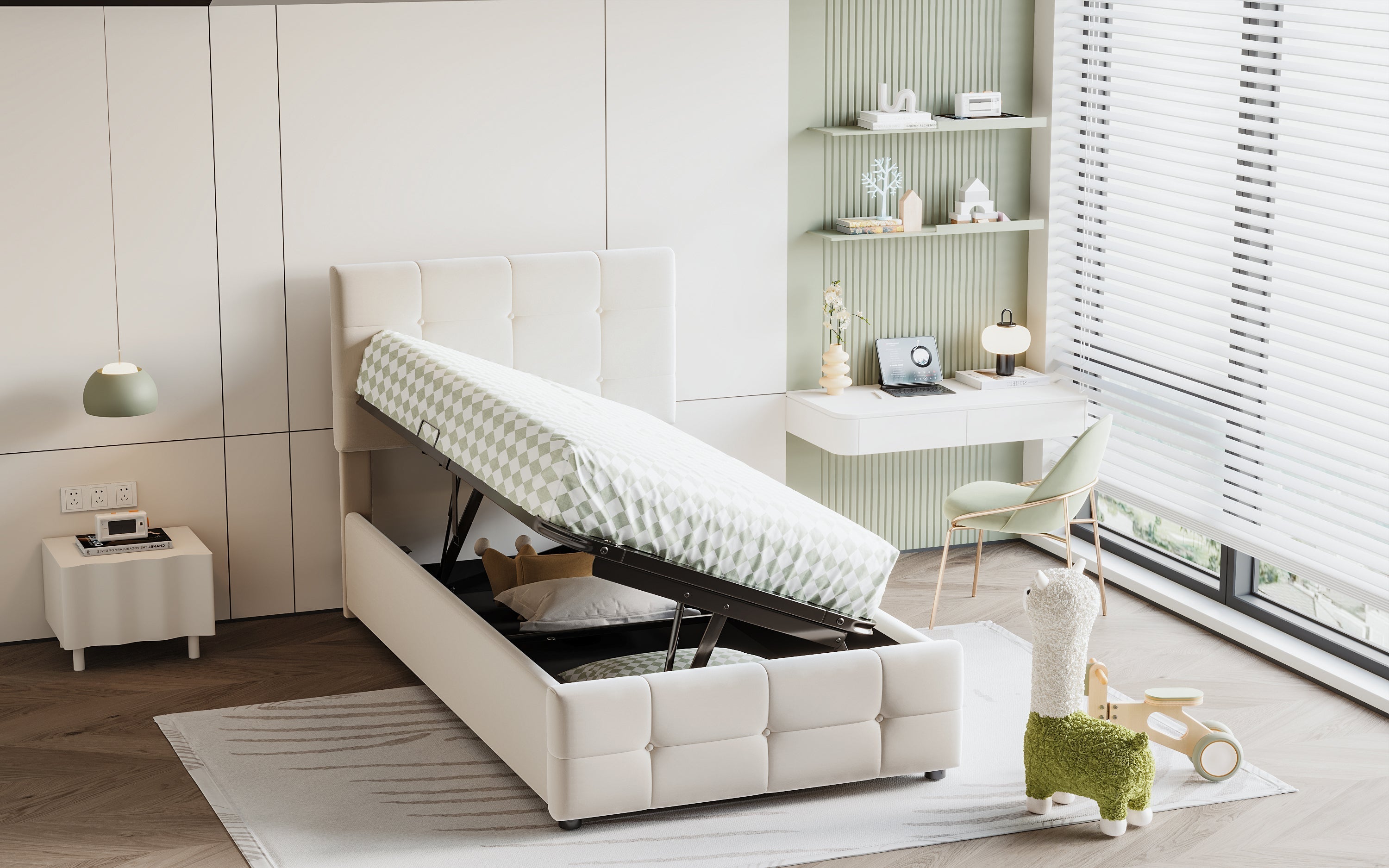 Upholstered Children's Bed 90x200cm, Hydraulic Storage, Adjustable Headboard, Velvet Beige
