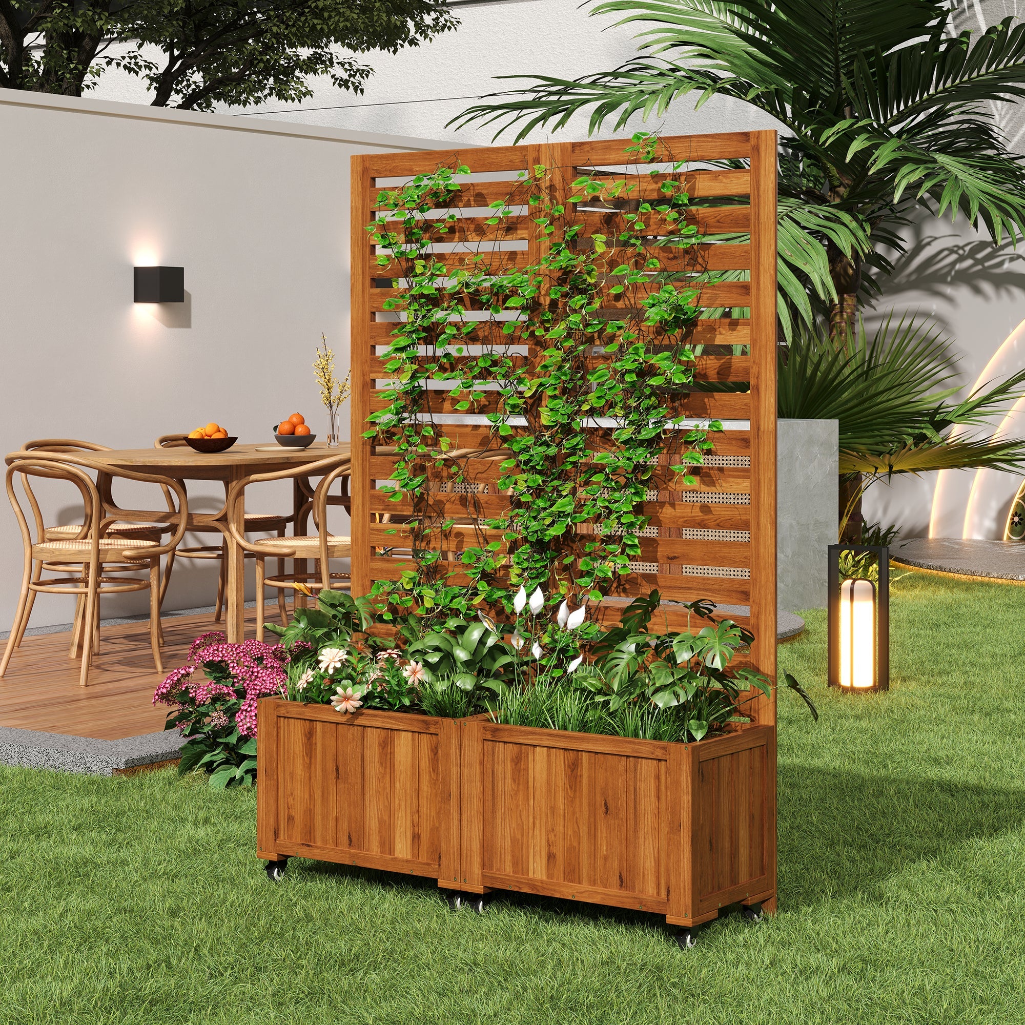 Planter Box with Trellis & Folding Wheels - Brown Solid Wood