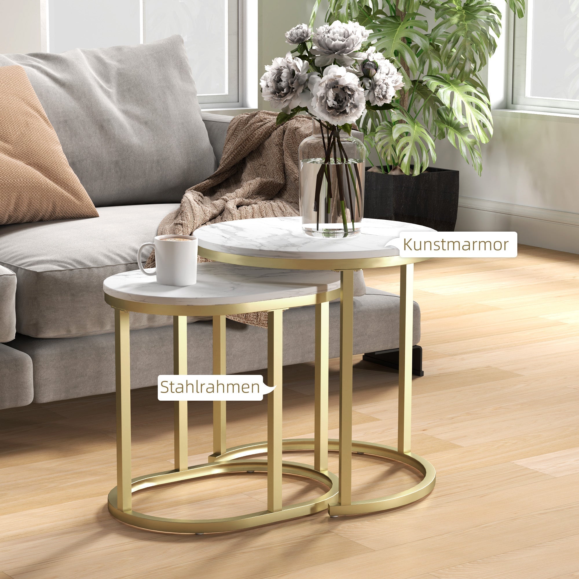 Round Coffee Table Set of 2 Stackable Side Tables, Steel Frame, White
