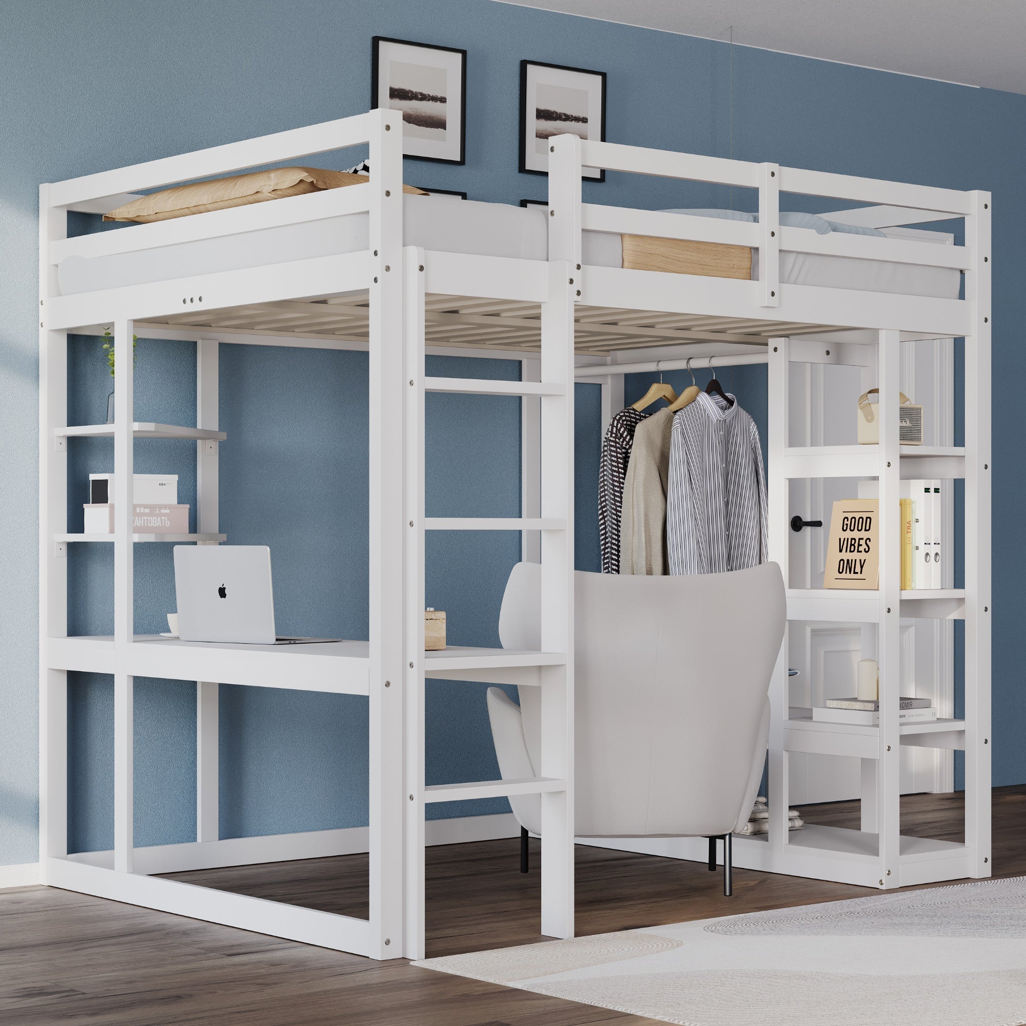 Loft Bed with Desk and Shelves, Solid Wood White and Grey