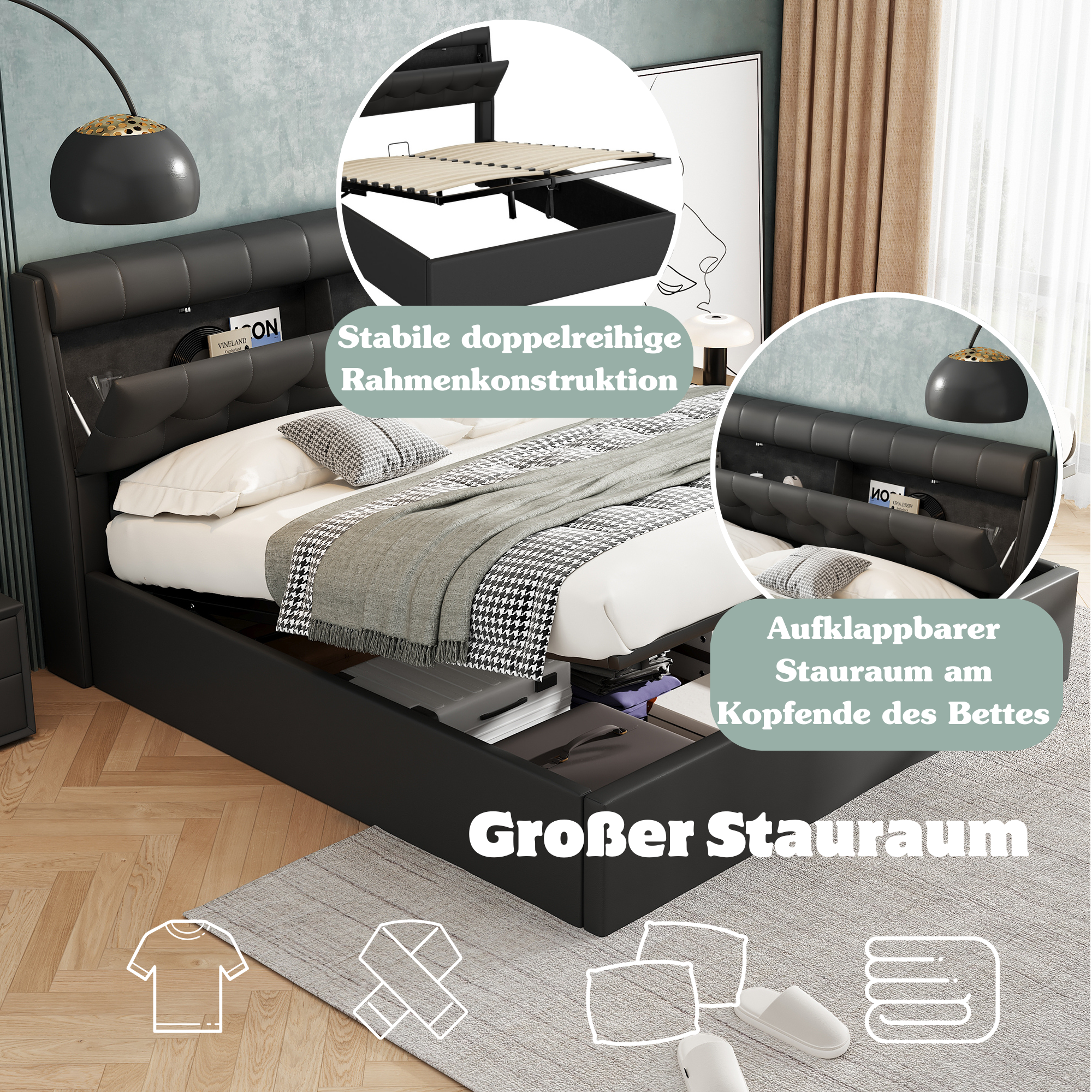 Upholstered Bed 160x200cm Hydraulic Storage Headboard Slatted Base PU - Black