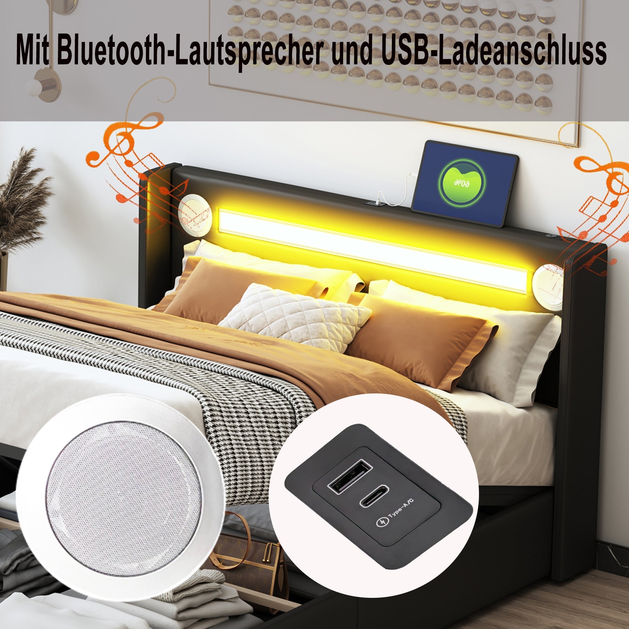 Upholstered Bed, 160x200cm LED & Bluetooth Storage, Black PU Leather