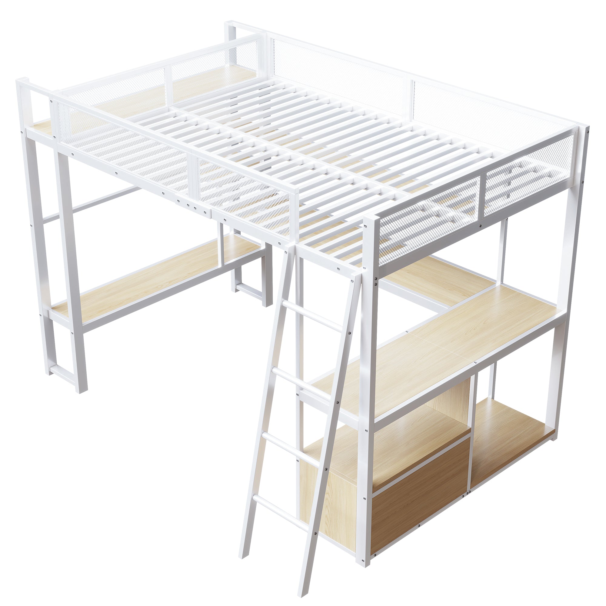 Metal Gaming Loft Bed with Integrated Workspace and LED Lighting, White