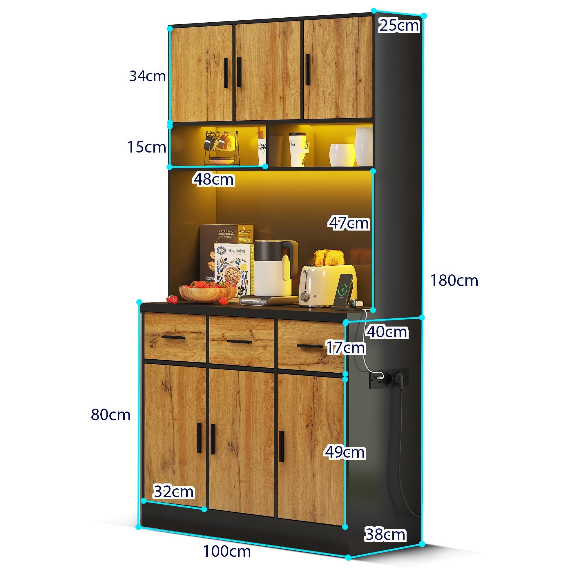 Multifunctional Buffet 100x40x180cm with LED, App Control, Drawers & Power Outlets