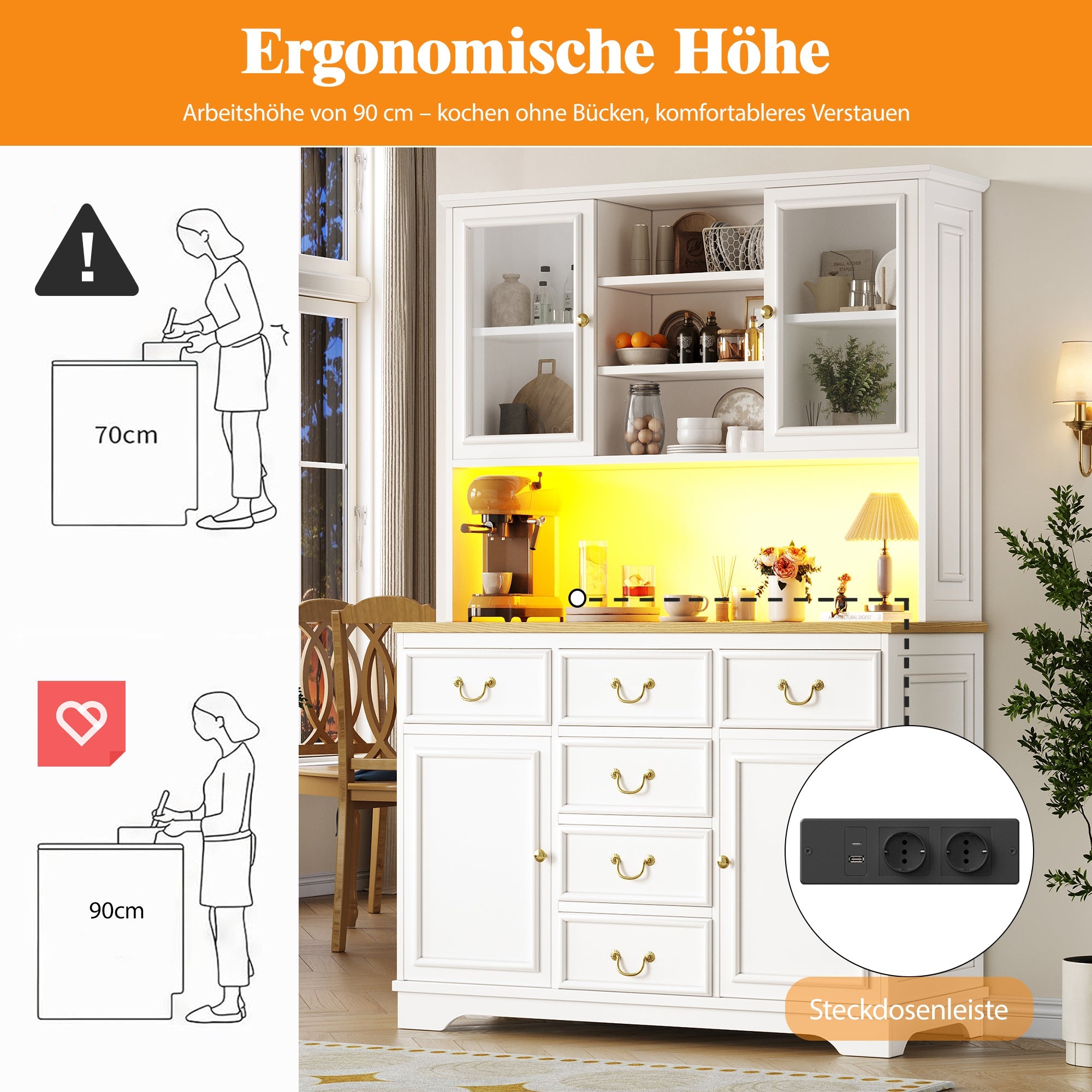 Tall Kitchen Cabinet Sideboard with USB Ports, Sockets and LED Lighting, White