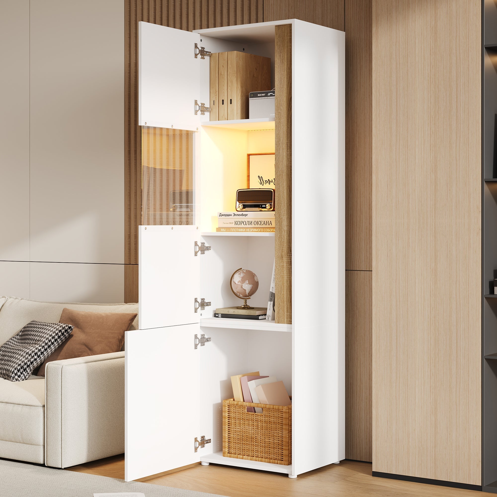 Display Cabinet Tall Storage Unit with LED Lighting 2 Doors White/Natural