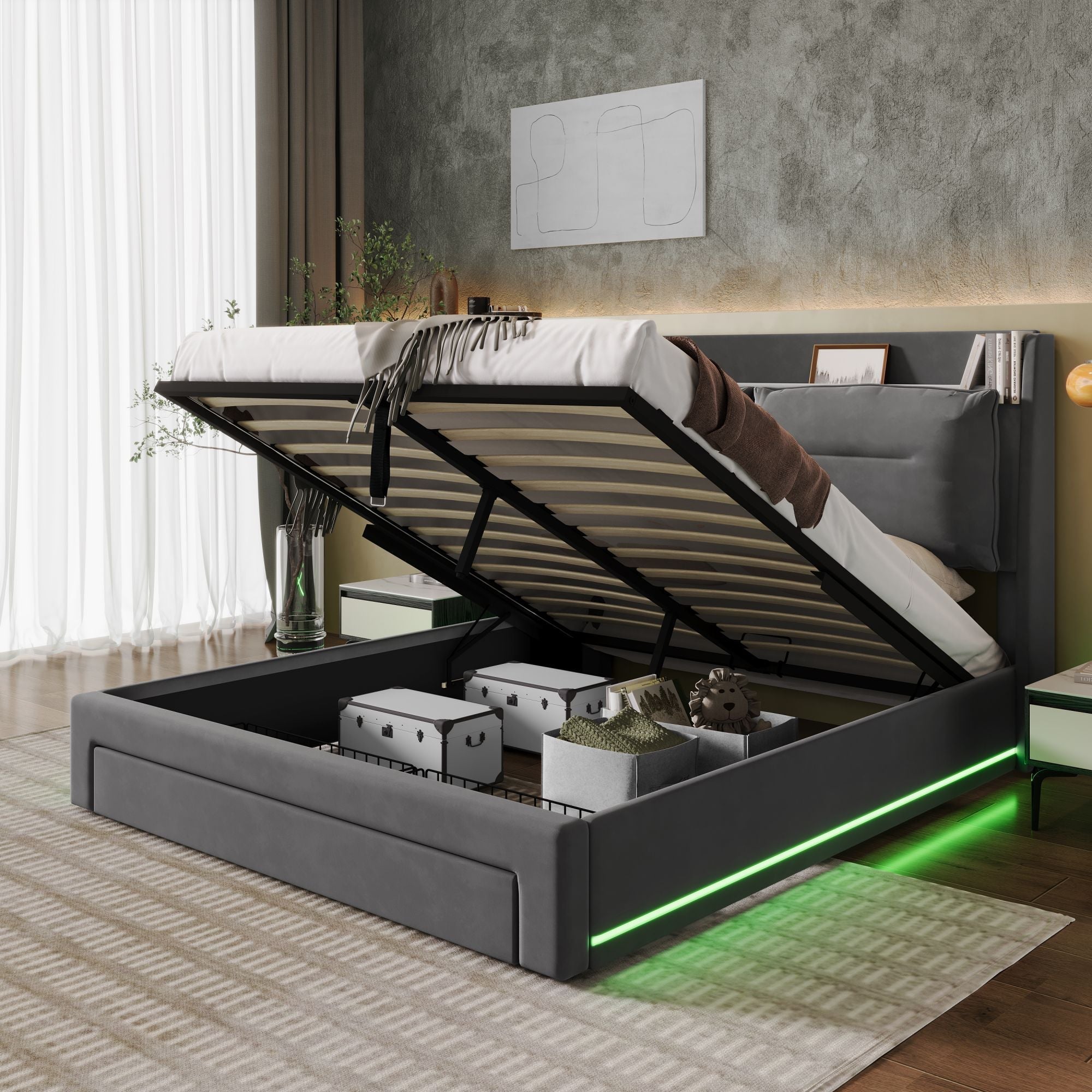 Upholstered Bed 160x200cm Hydraulic Storage 2-in-1 Drawers LED - Velvet Dark Grey