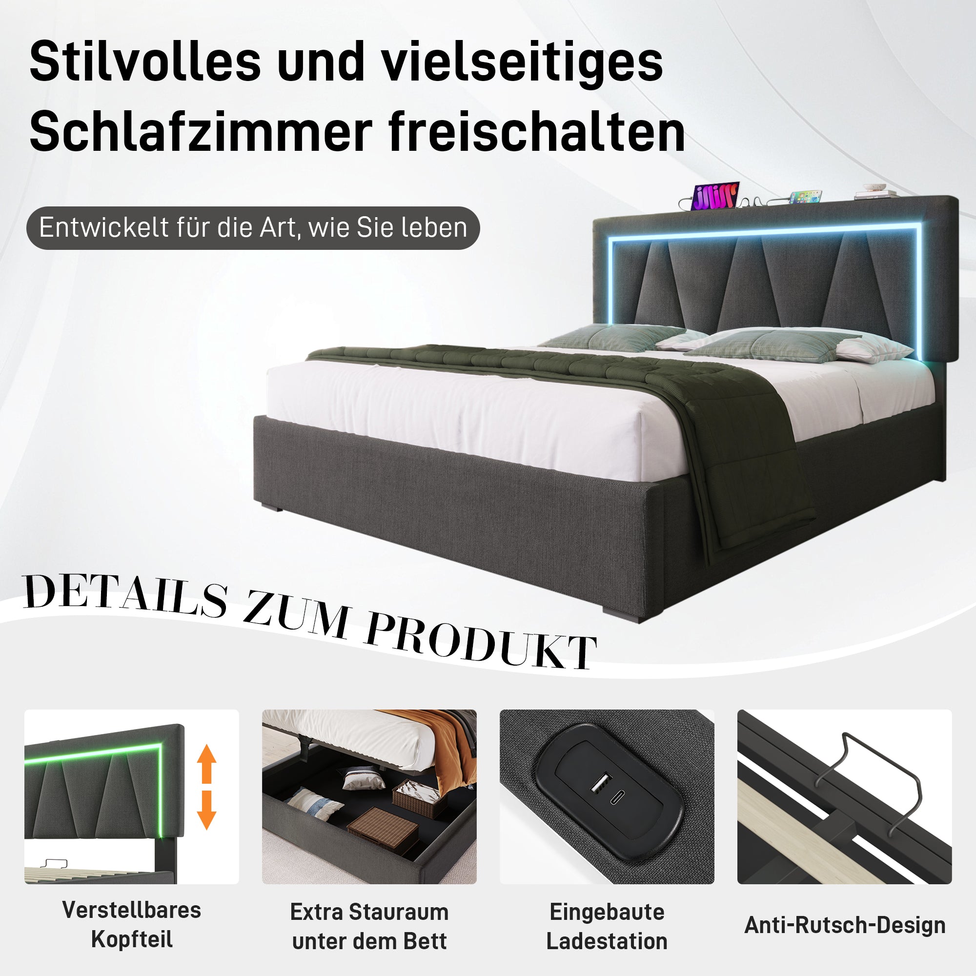 Upholstered Bed, Double LED with USB-C & Storage, Linen