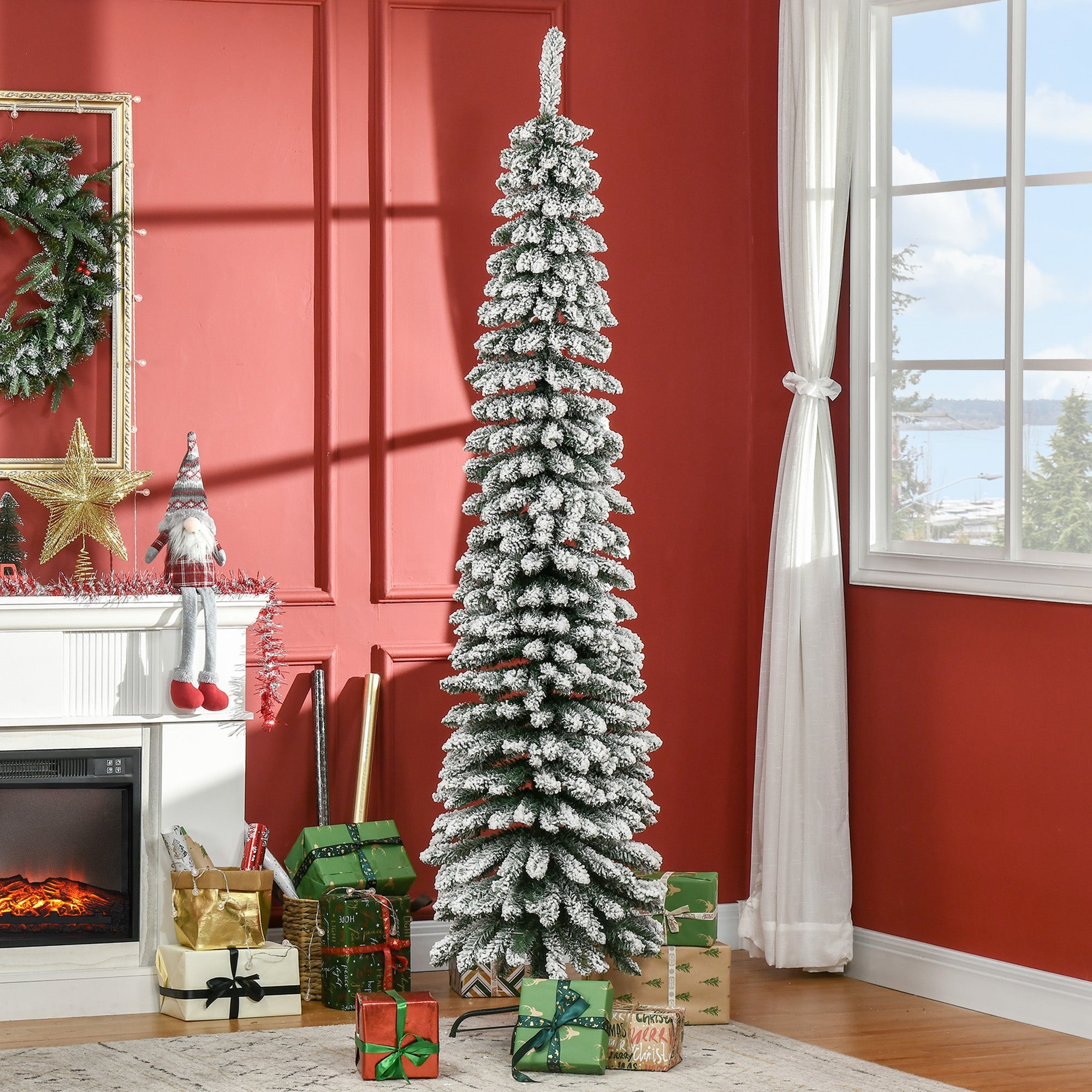 Artificial Christmas Tree, Slim Snow-Covered Fireproof, 210 cm, Green/White