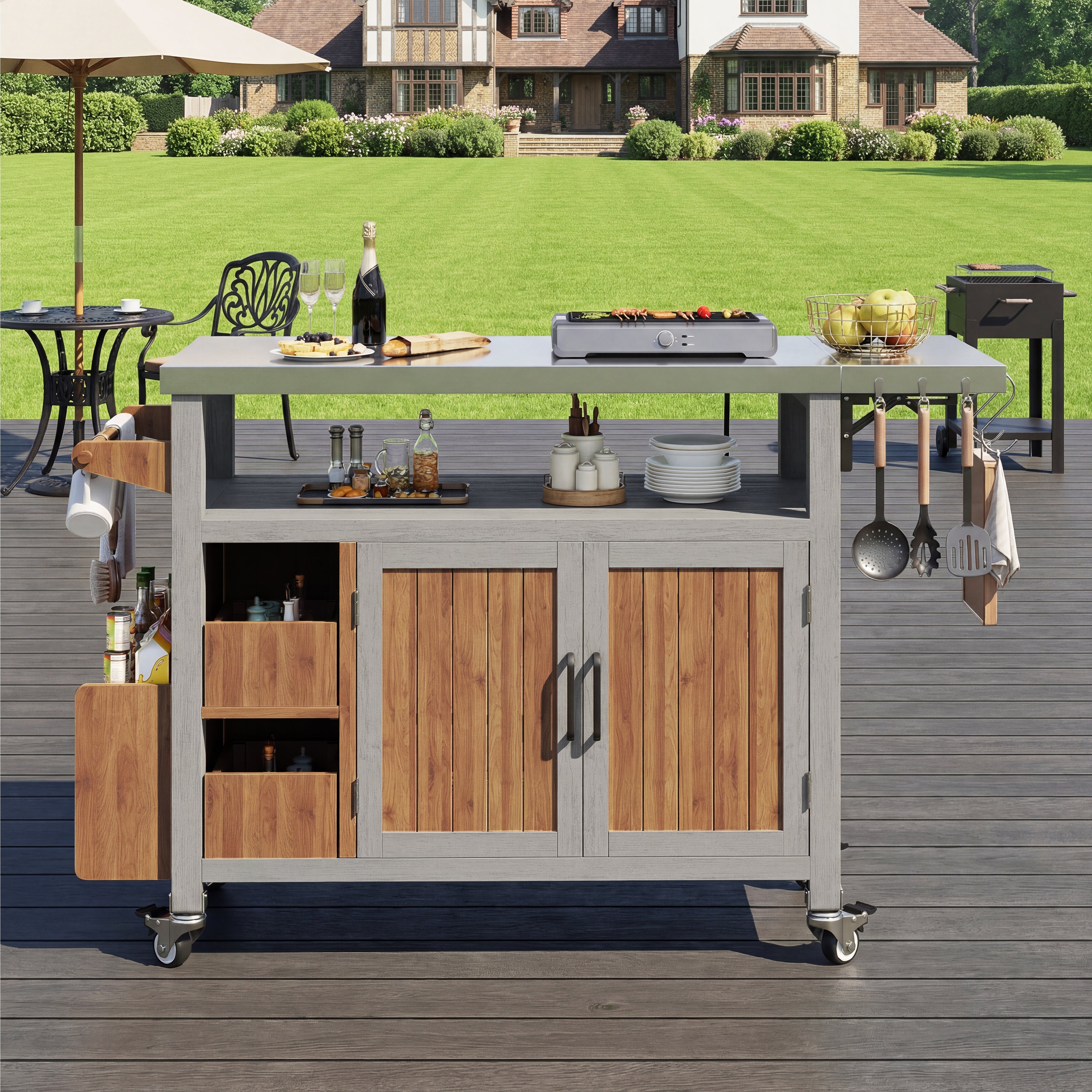 BBQ Side Table with Stainless Steel Worktop and Pull-out Shelf, Solid Wood