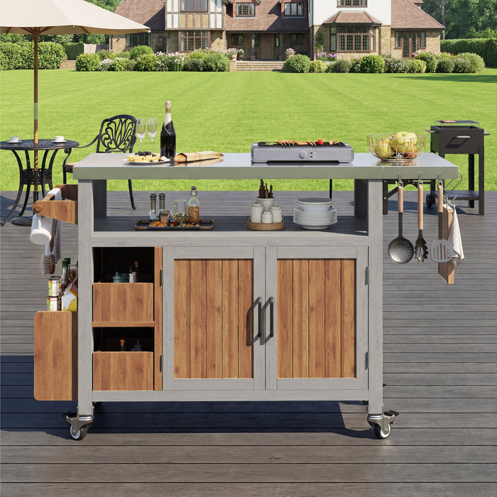 BBQ Side Table with Stainless Steel Worktop and Pull-out Shelf, Solid Wood