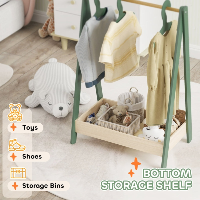Kids Clothes Rail, 3 Hangers Bottom Storage Shelf, Green
