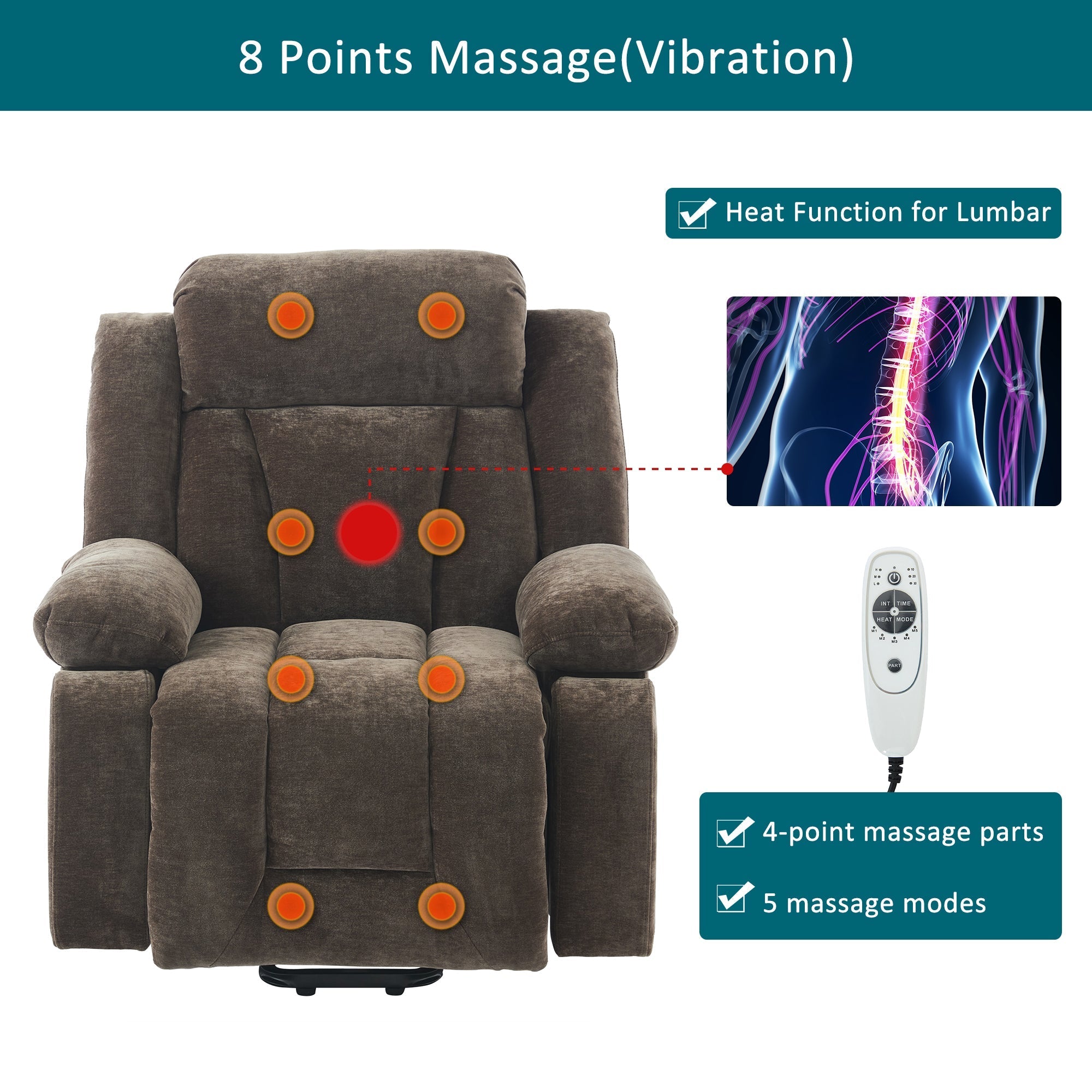Electric Massage Chair Recliner with 8-Point Massage, Heating and Lifting Function, Brown Fabric