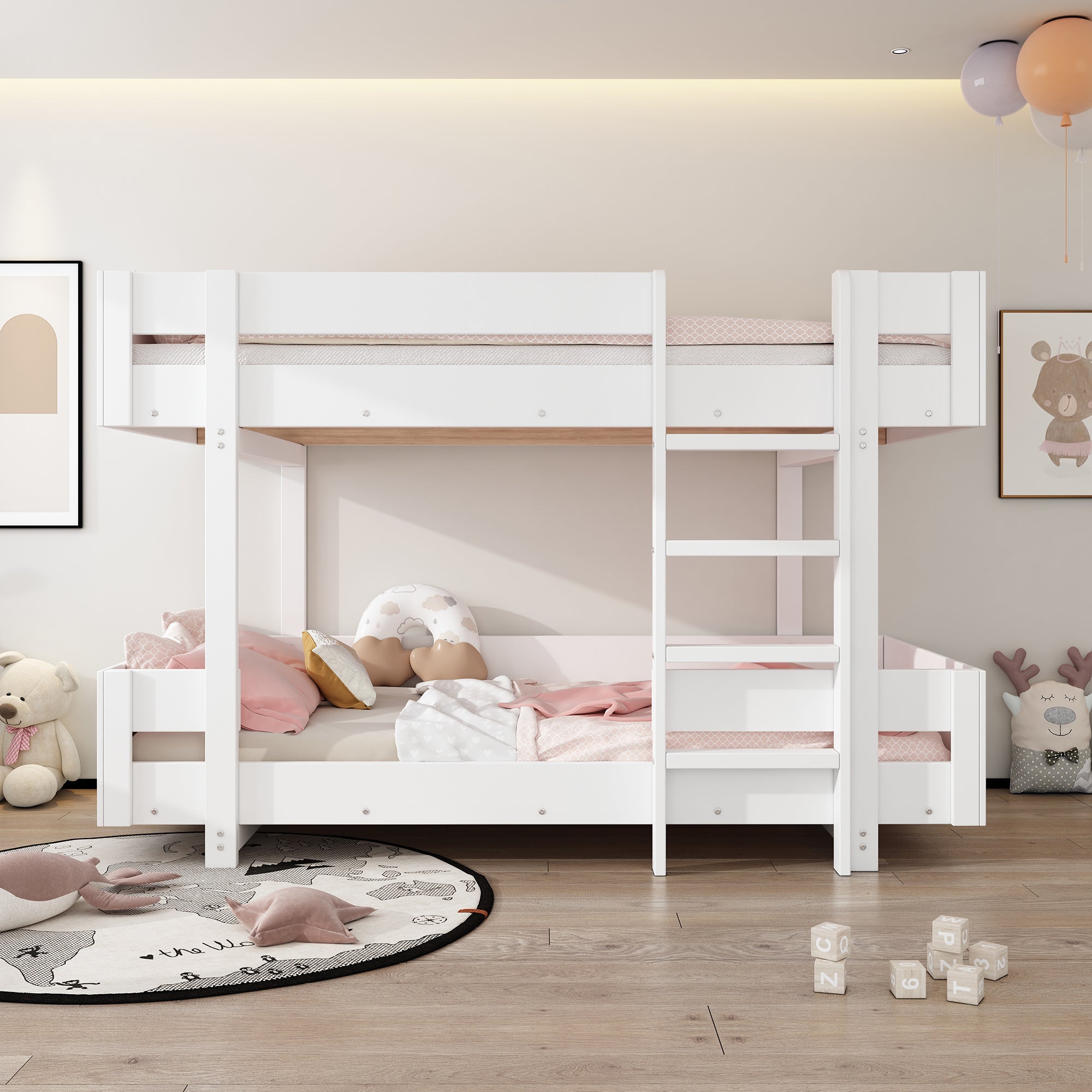 Children's Bunk Bed with Stairs and Reinforced Railing, 90x200cm, White