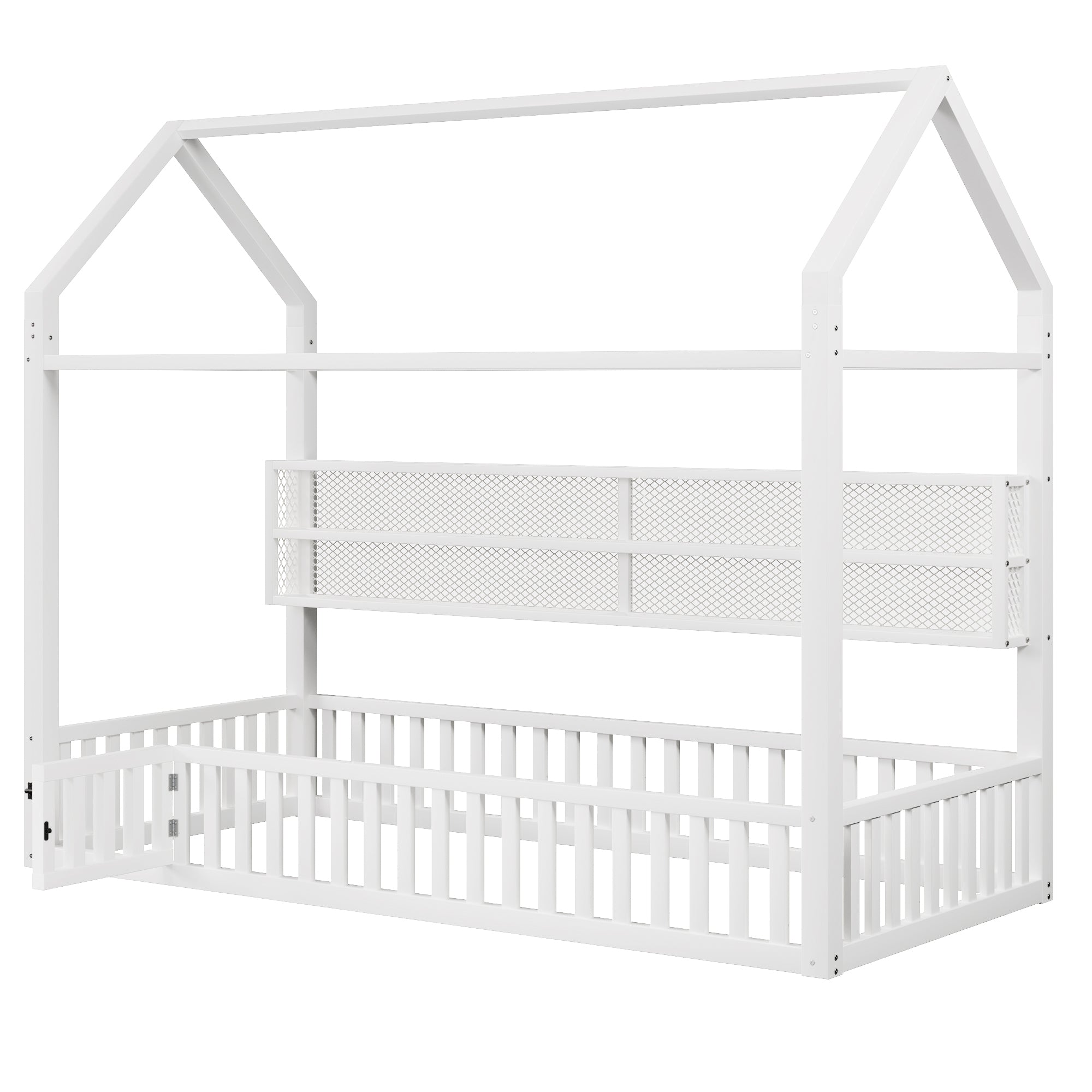 House-Shaped Platform Bed with Fence and LED Lighting, 90x200cm, White Metal