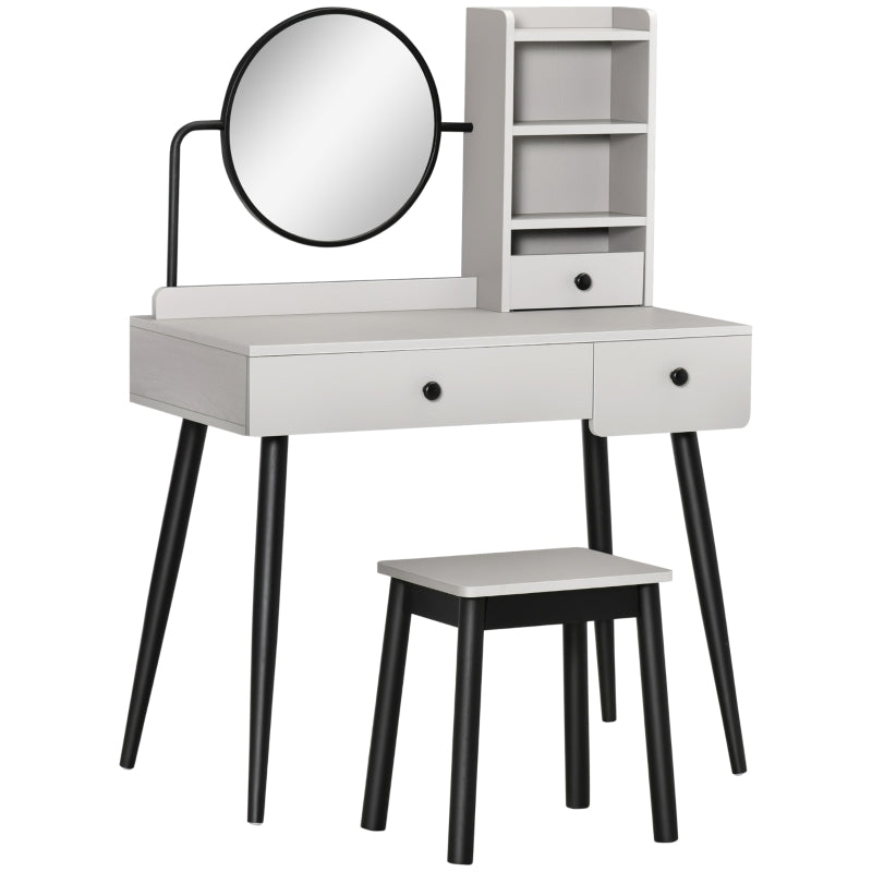Dressing Table Set with Mirror, Stool, 3 Drawers, and Open Shelves, Grey
