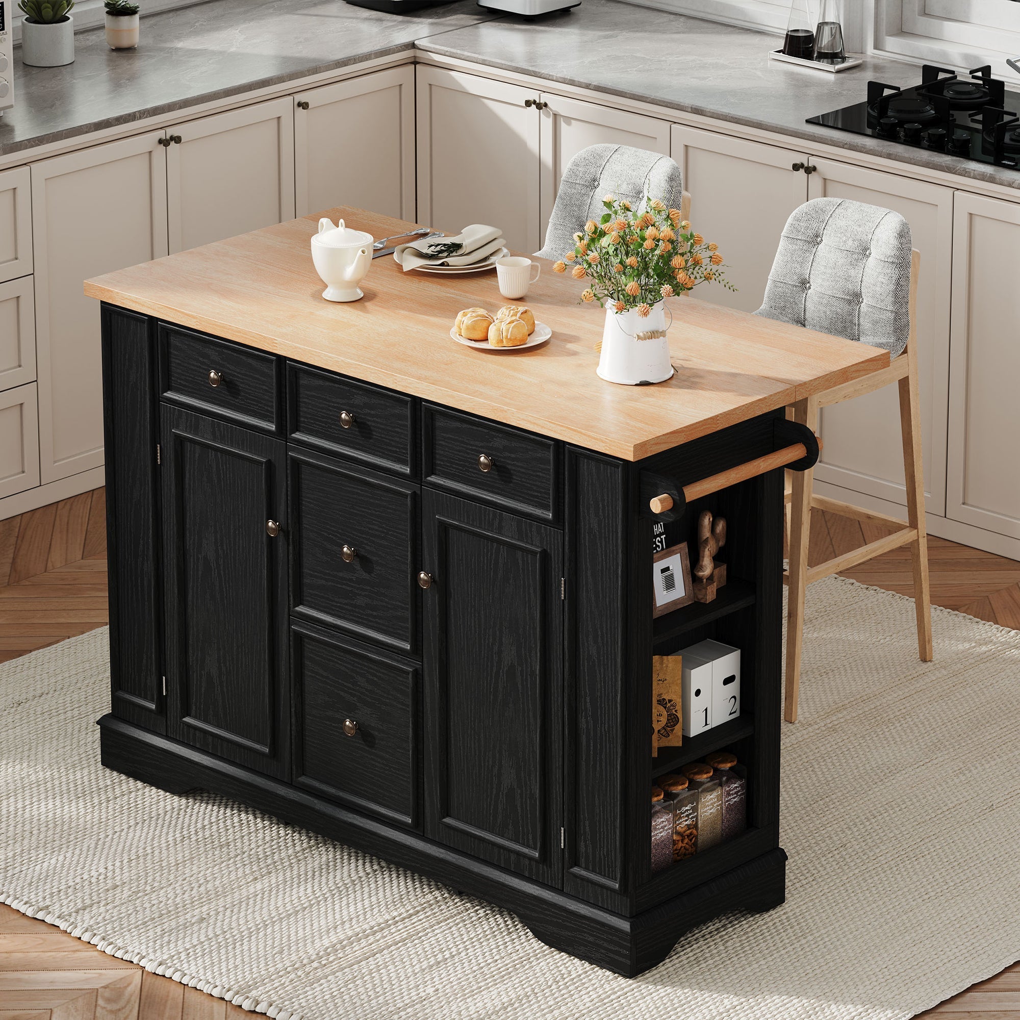 Extendable Kitchen Island with Drawers, Shelves & Power Strips - Black