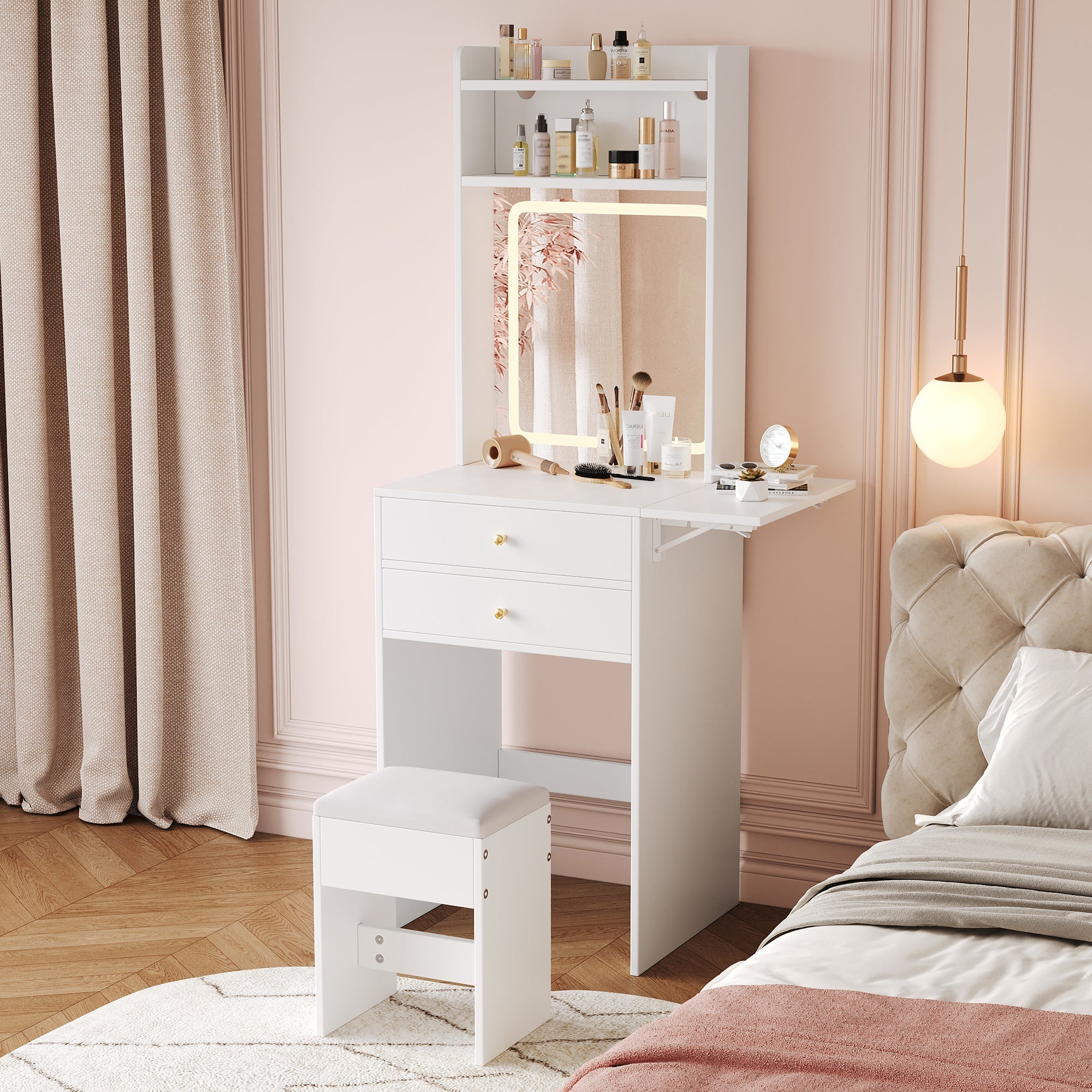 Small dressing table with adjustable LED lighting, stool, 2 drawers, 2 open compartments, and 22cm foldable tabletop, white