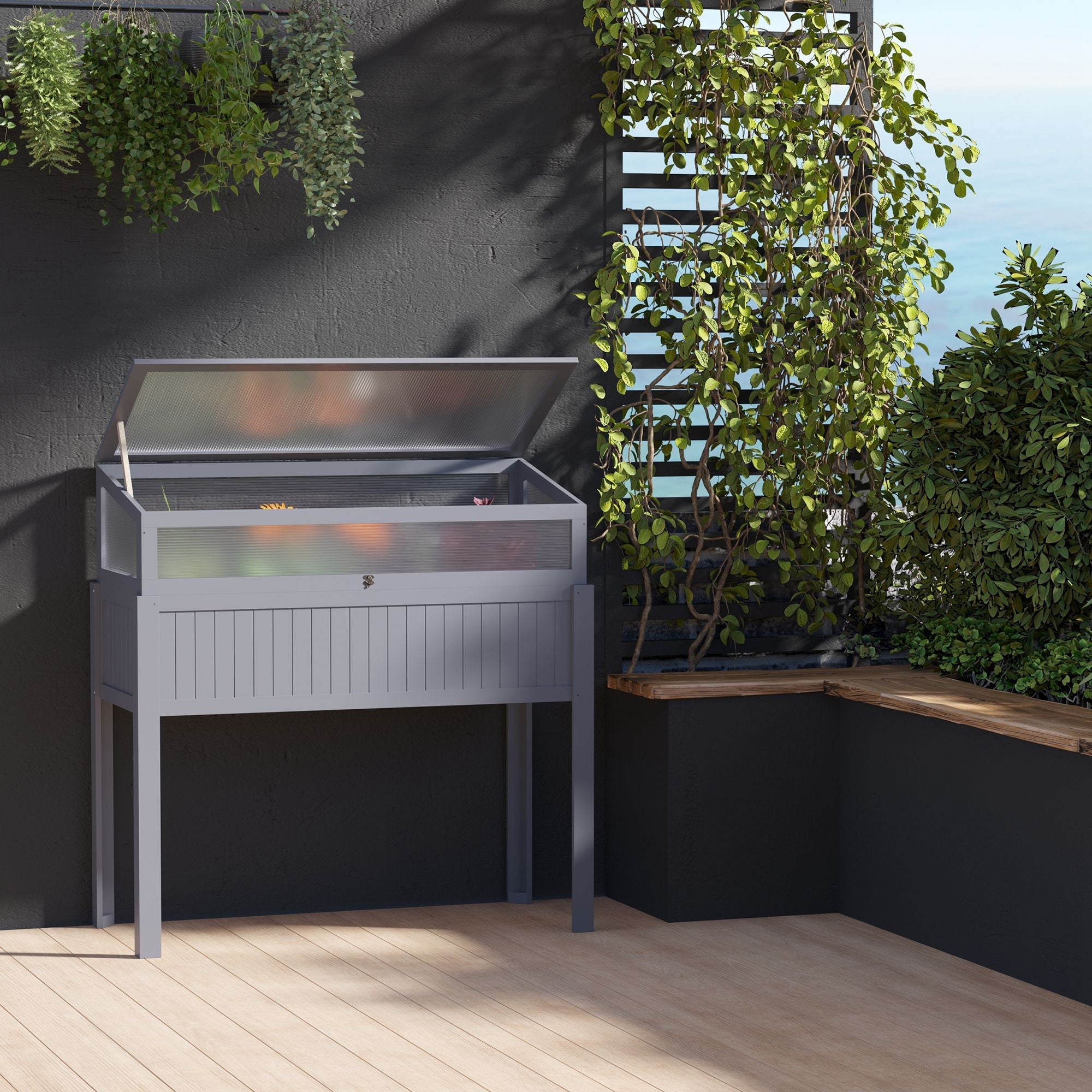 Raised Garden Bed with Cold Frame 2-in-1 Greenhouse 120x54x112/122cm, Wooden Polycarbonate Grey