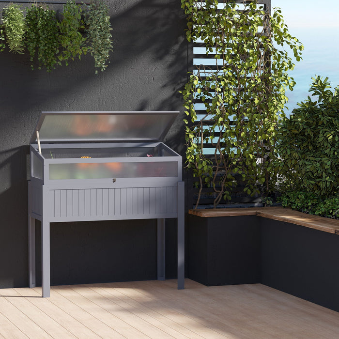 Raised Garden Bed with Cold Frame 2-in-1 Greenhouse 120x54x112/122cm, Wooden Polycarbonate Grey