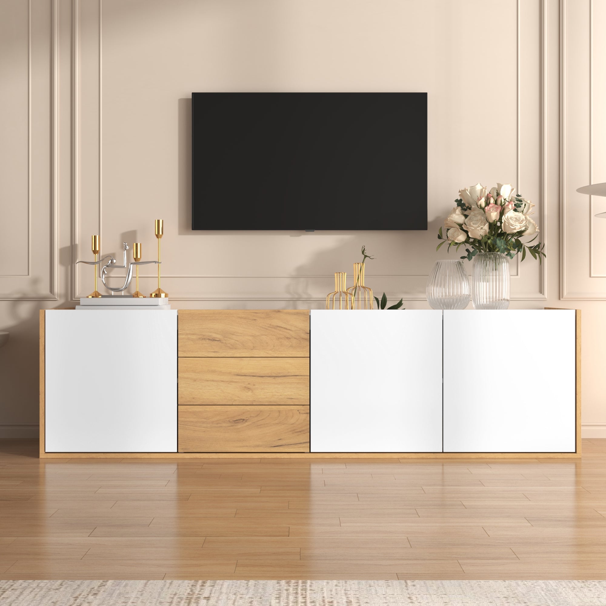 TV Cabinet, Low Panel Wall/Floor Mount, White and Wood