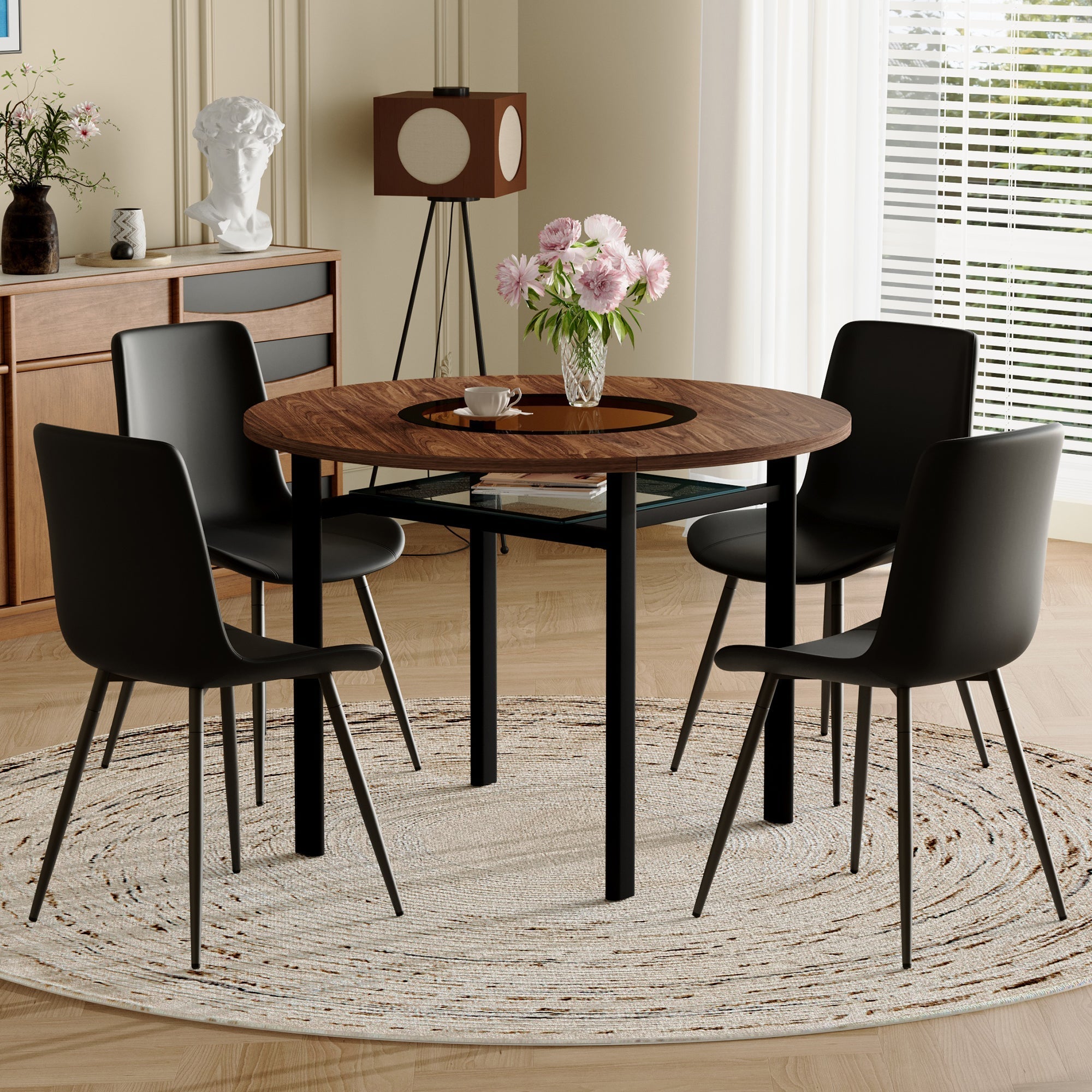 Round Dining Set 100cm Integrated Storage 4 Chairs - Brown Wood Look/Black PU