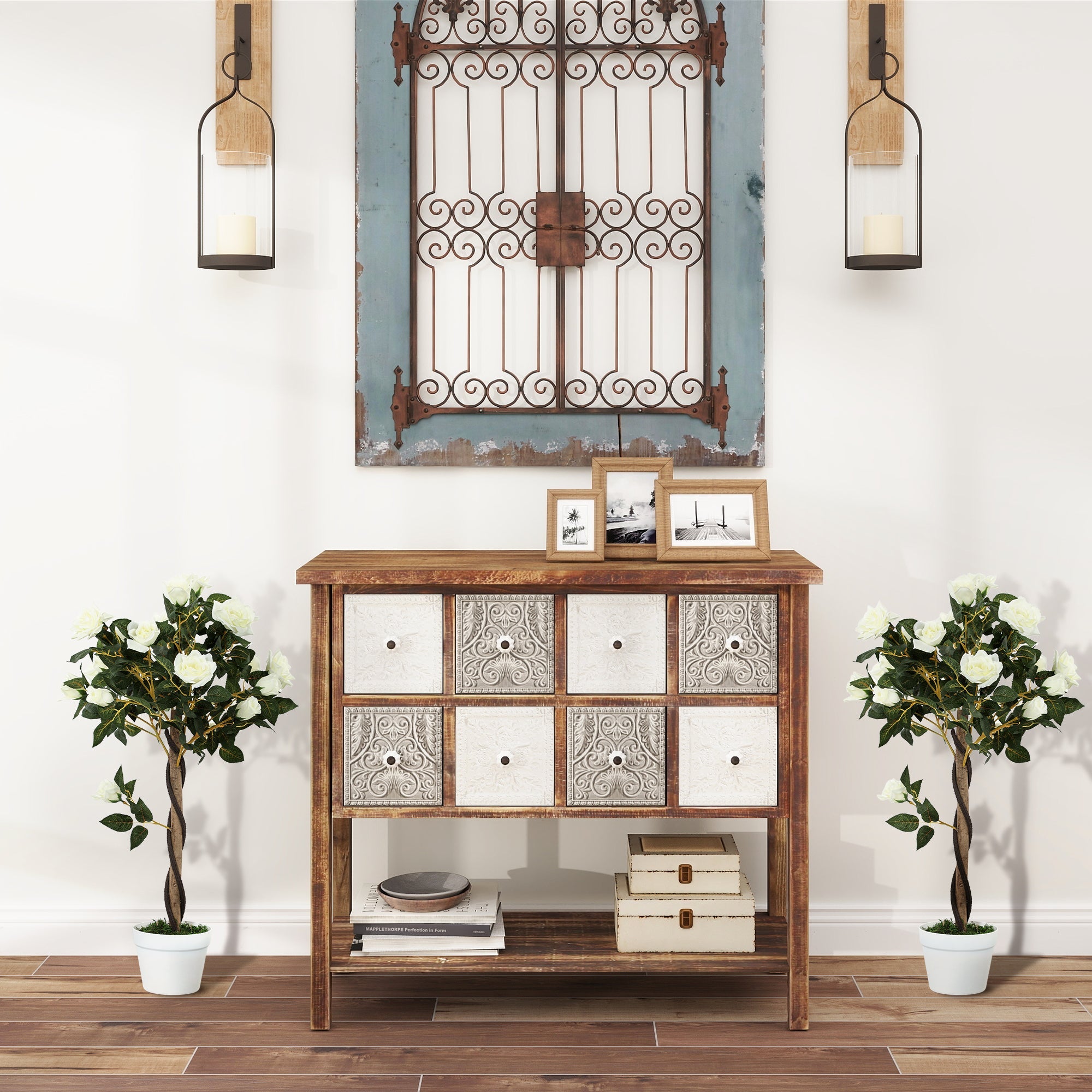 Faux Rose Trees, Set of Two - White