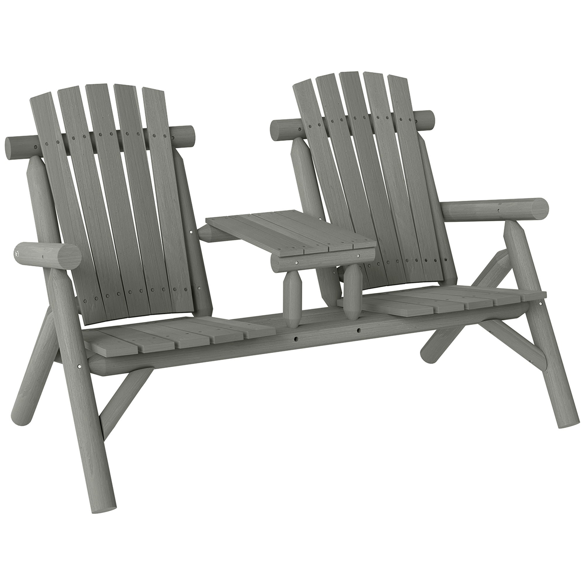 Wood Patio Chair Bench, 2 Seats with Centre Coffee Table, Grey