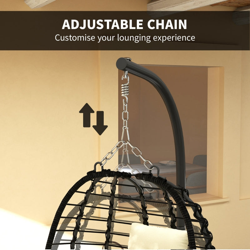 Rattan Hanging Egg Chair, Foldable Adjustable Height with Stand, Cream White