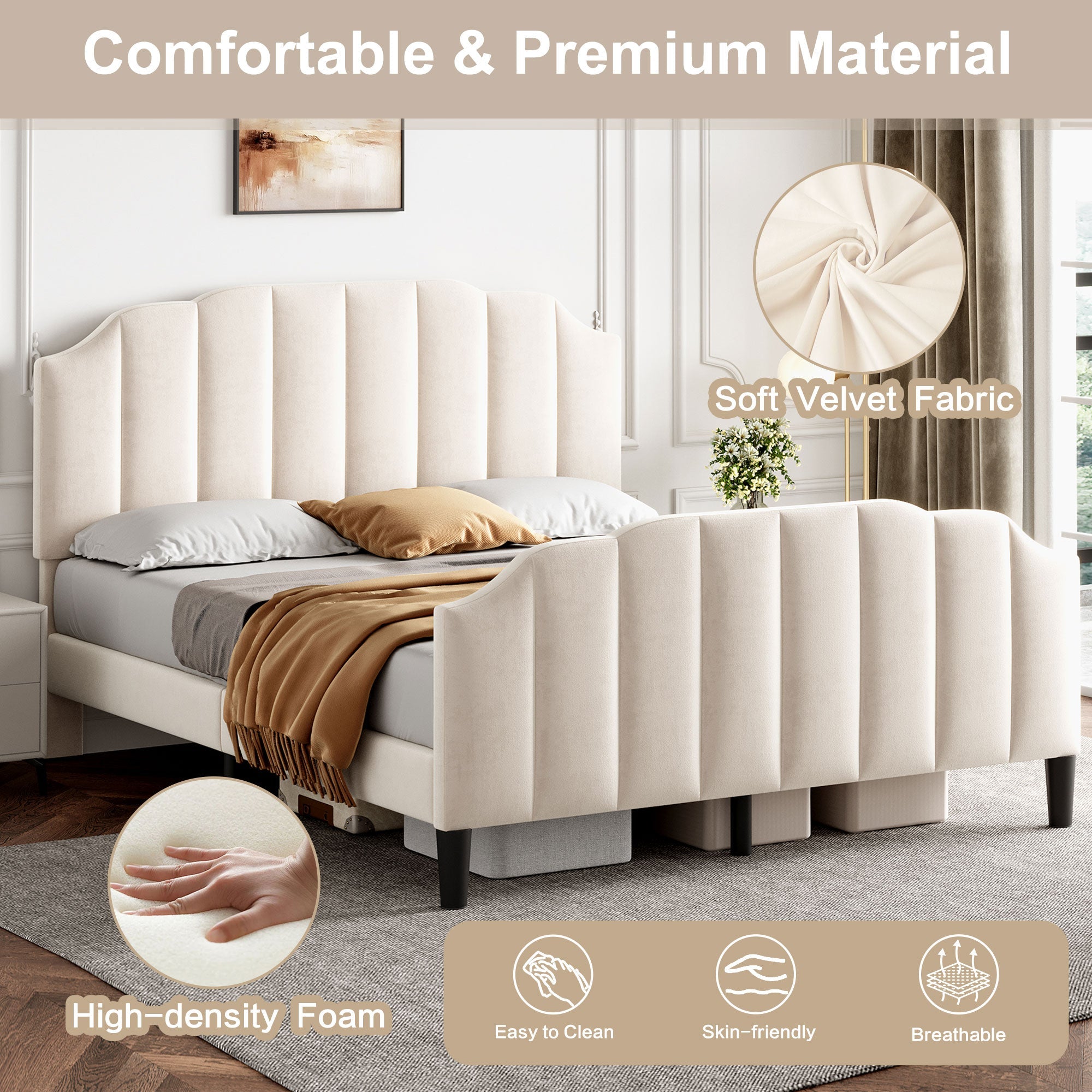 4ft6 Double Upholstered Bed Frame with Adjustable Channel-Tufted Headboard and Solid Wood Slat, Velvet Beige