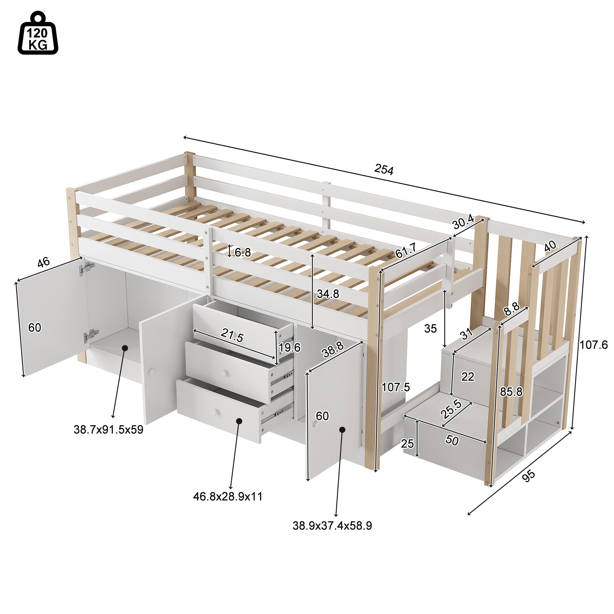 Multifunctional Children's Loft Bed 90x200cm with Stairs Drawers & Storage Cabinets - White