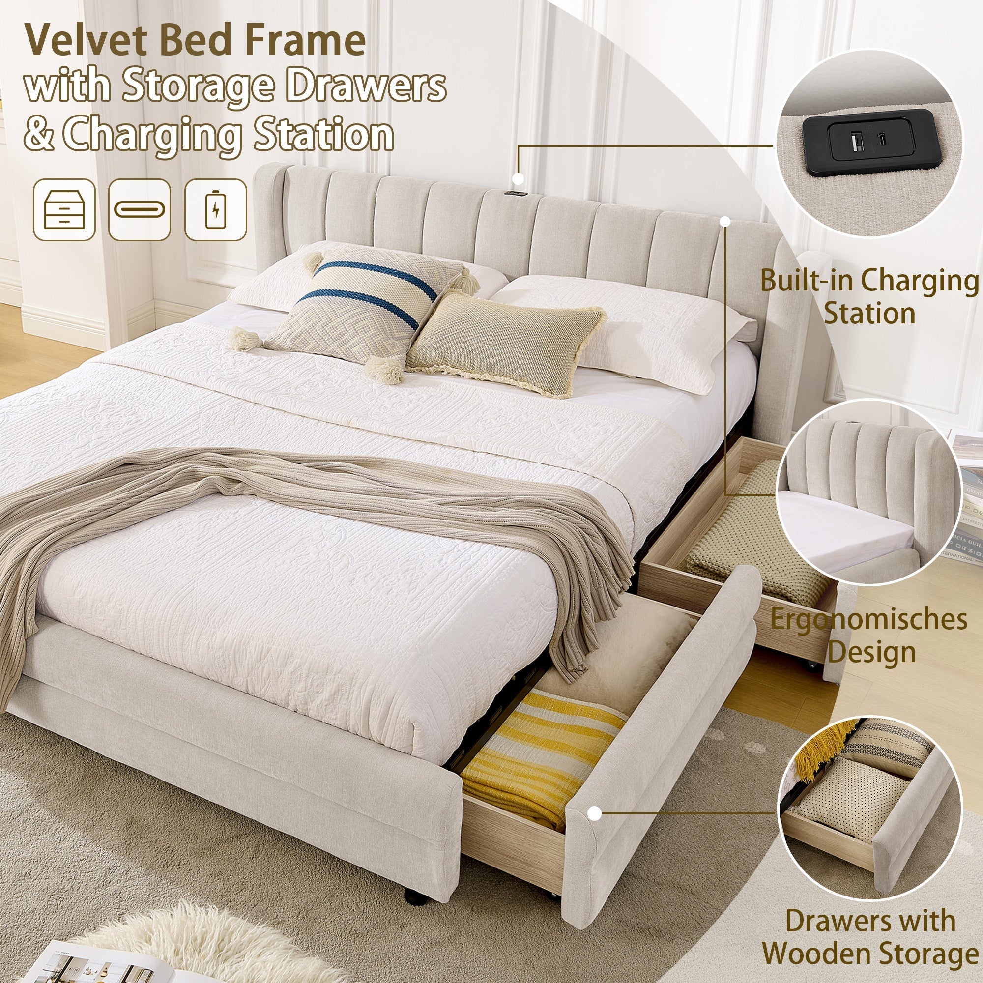 Double Bed 160x200cm Storage USB Charging Port Soft Chenille Beige