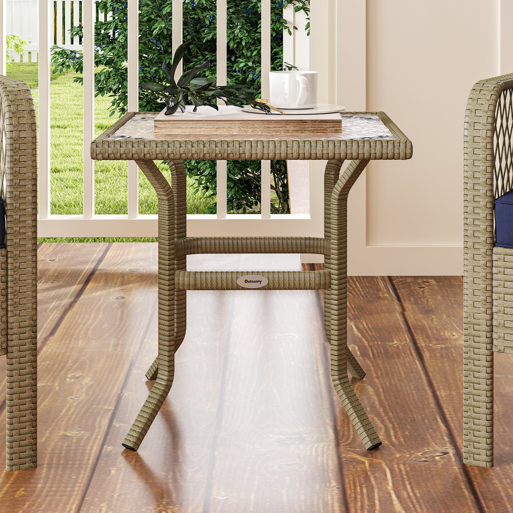 3 Pieces Rattan Bistro Set, Glass Top Table & Cushioned Chairs, Charcoal Grey