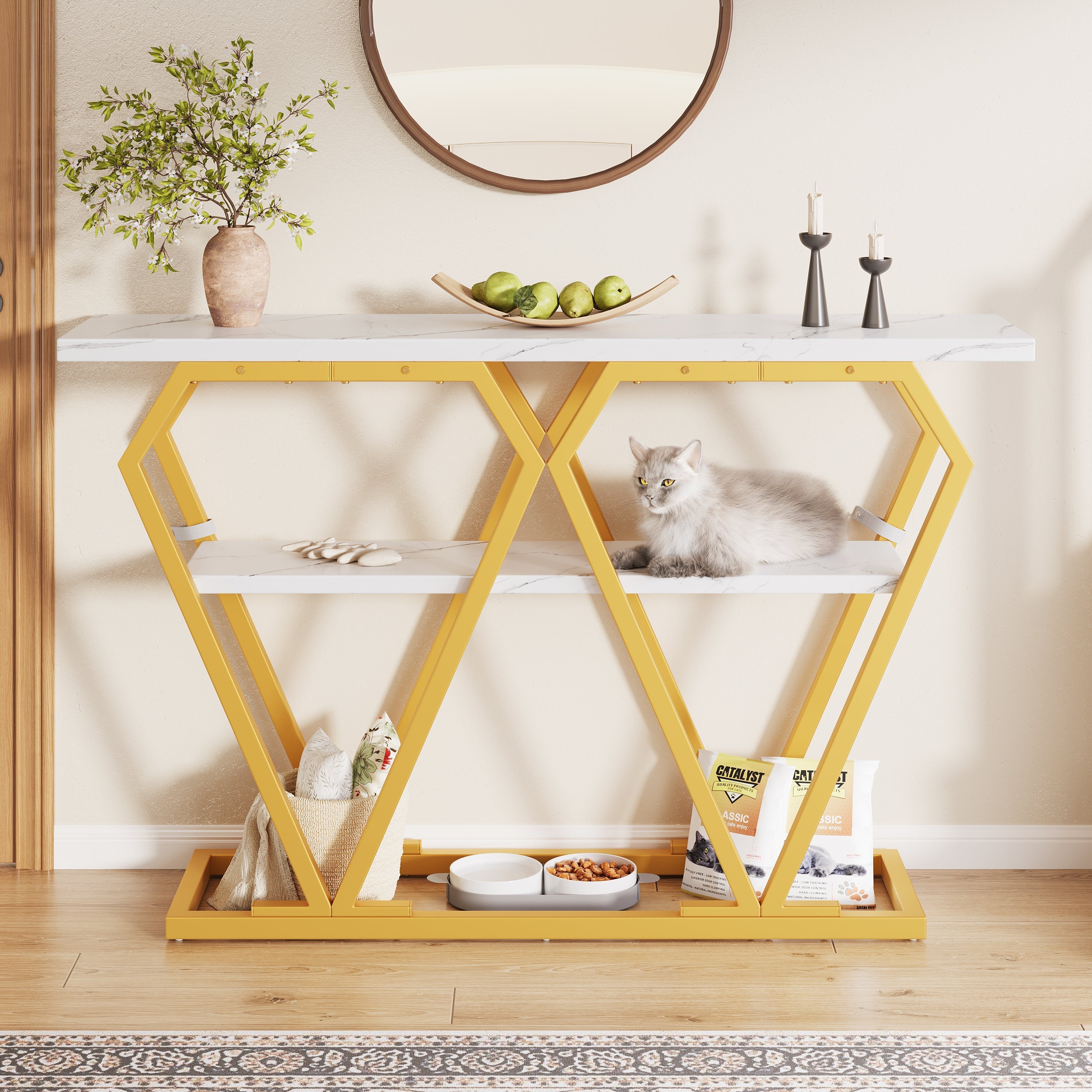 Console Table with Integrated Storage and Metal Legs, White Marble Look