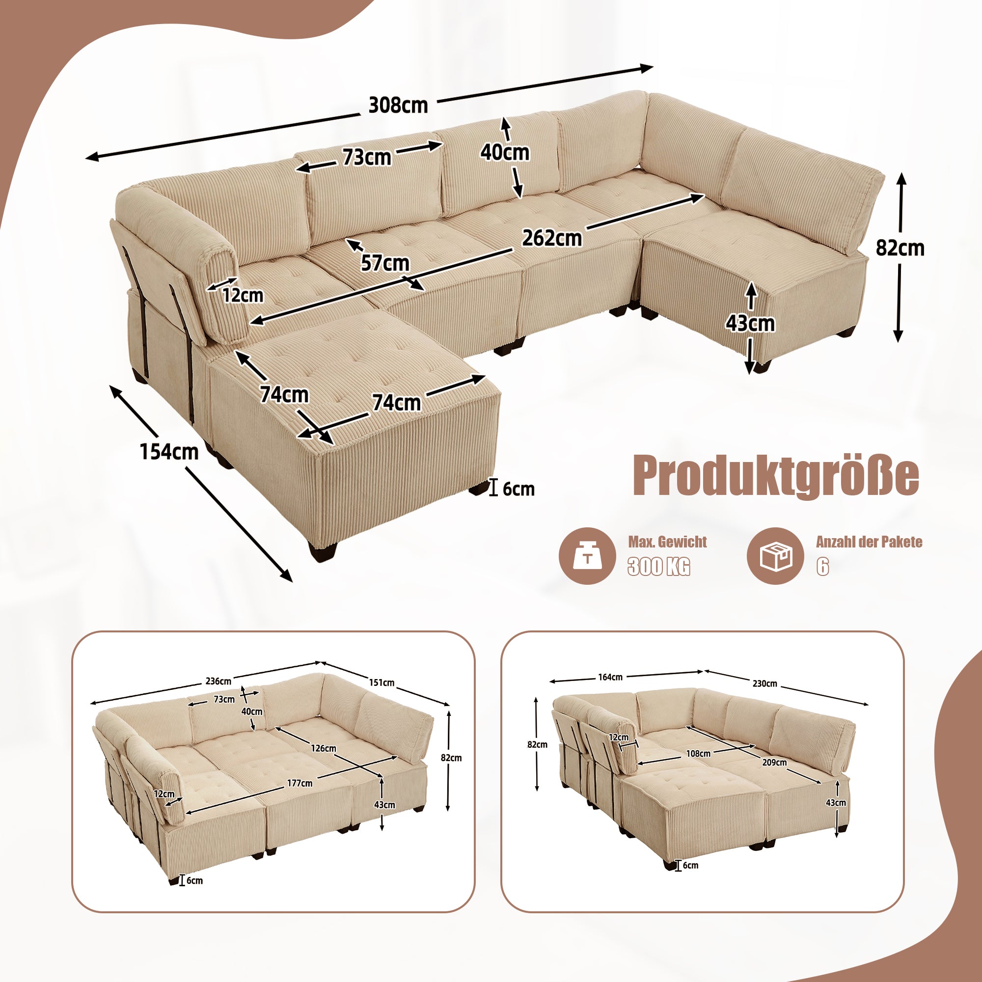 Modular Sofa 6-Seater Convertible Sleeper with Storage Pockets, Corduroy Khaki